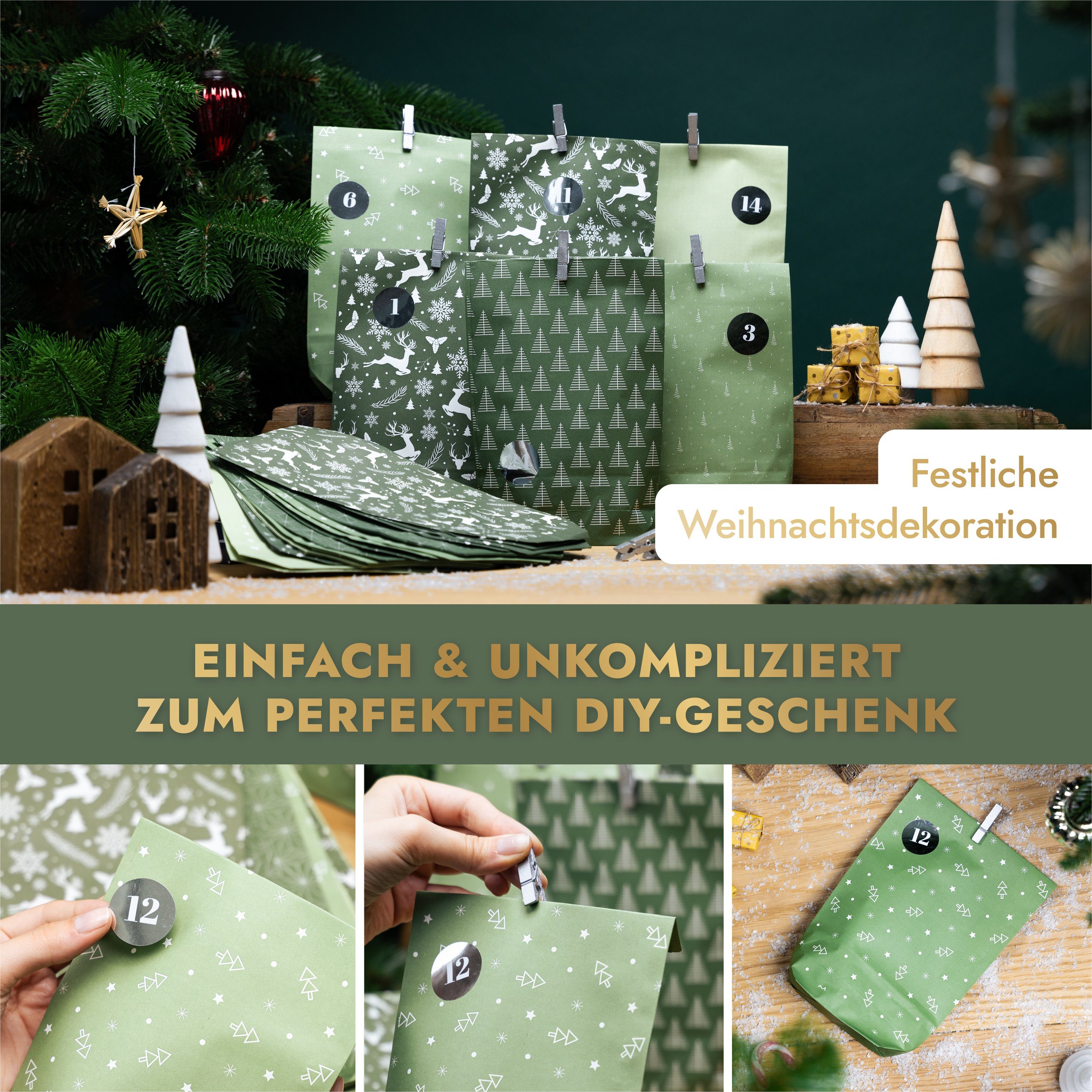 Amari befüllbarer 005 zum Befüllen Green Adventskalender Holzklammern AMARI® Adventskalender mit Tüten Midnight