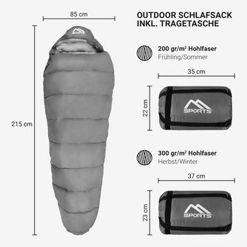 MSports® Schlafsack Schlafsack Outdoor inkl. Tragegurt - 300 GSM - Herbst/Winter - Camping, Reise, Festival – Warm Mumienschlafsack