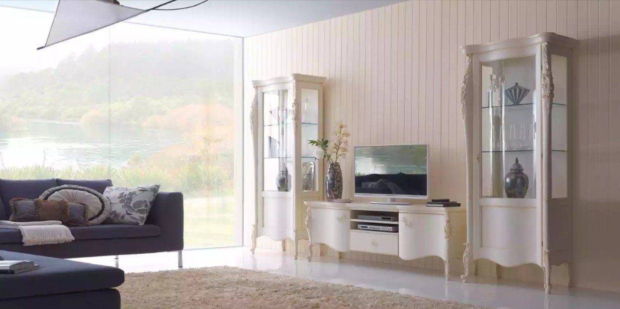 JVmoebel Wohnwand Wohnwand Weiß Set Vitrine Wohnzimmer TV Ständer Holz Luxus, (3-St., 1x TV-Ständer + 2x Vitrine), Made in Europa | Wohnwände
