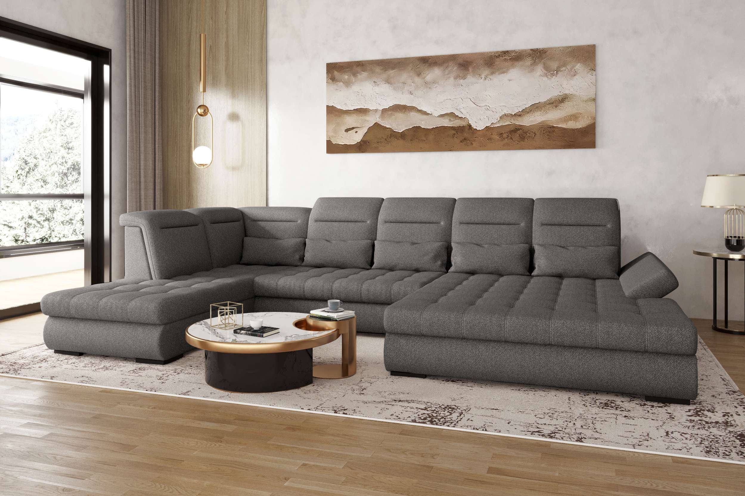 99rooms Wohnlandschaft Toscana, Sofa, U-Form, Bettfunktion, Rundumbezug aus gepolstertem Velours VOGUE