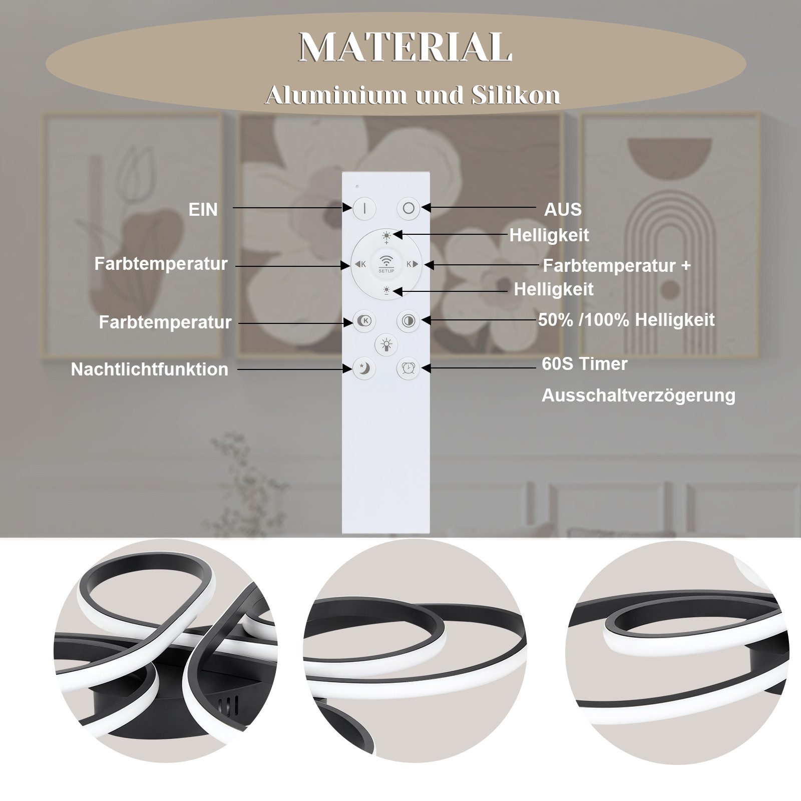 Nettlife LED Deckenleuchte Wohnzimmer Schwarz Dimmbar Modern 66/80/100CM Deckenlampe Warmweiß, Dimmbar mit Fernbedienung, LED fest integriert, Warmweiß Neutralw – Bild 4 von 5