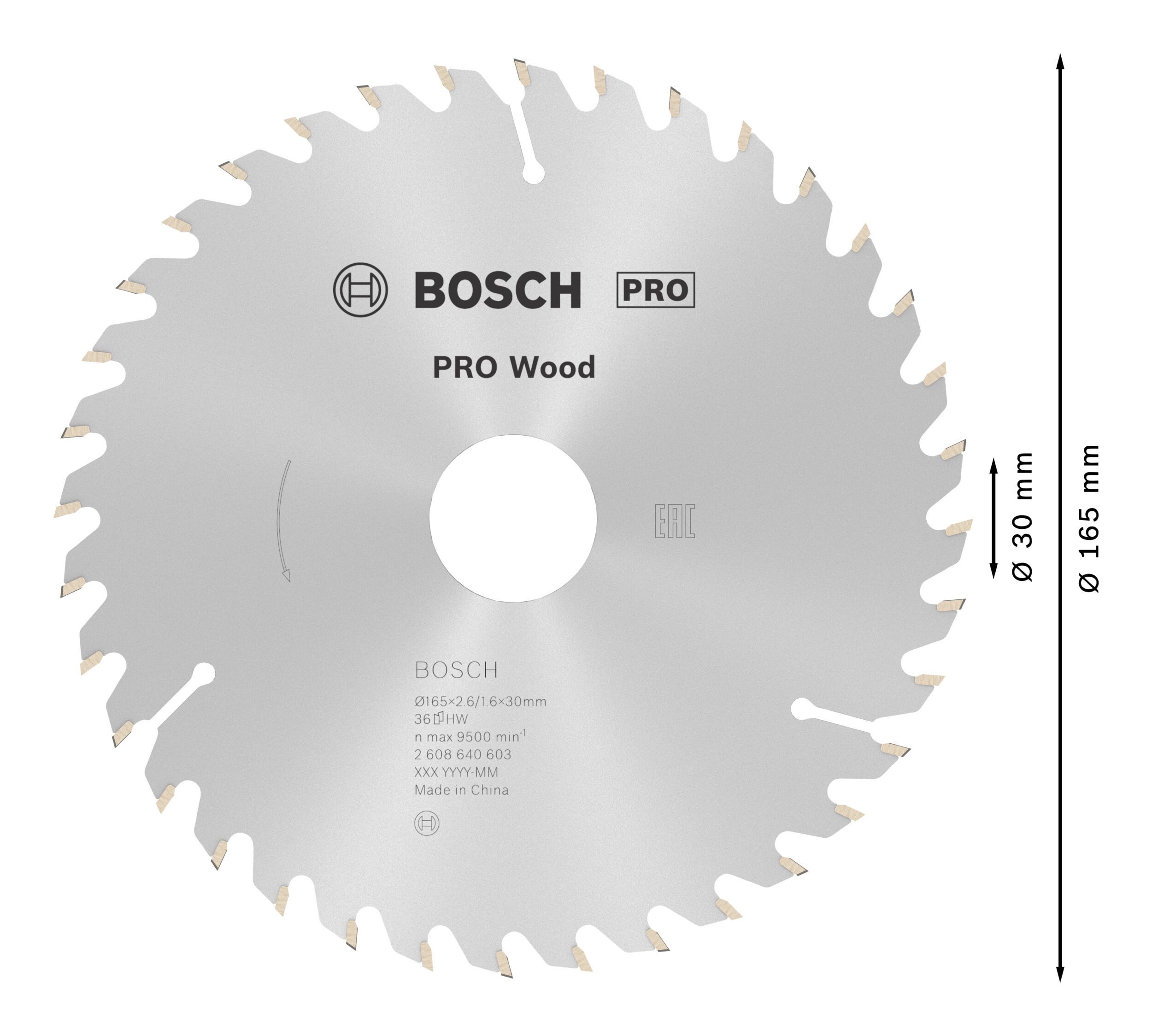 BOSCH Kreissägeblatt Pro Wood cordless, 165 x 2,6 x 30 mm, 36 Zähne, für Akku-Handkreissägen