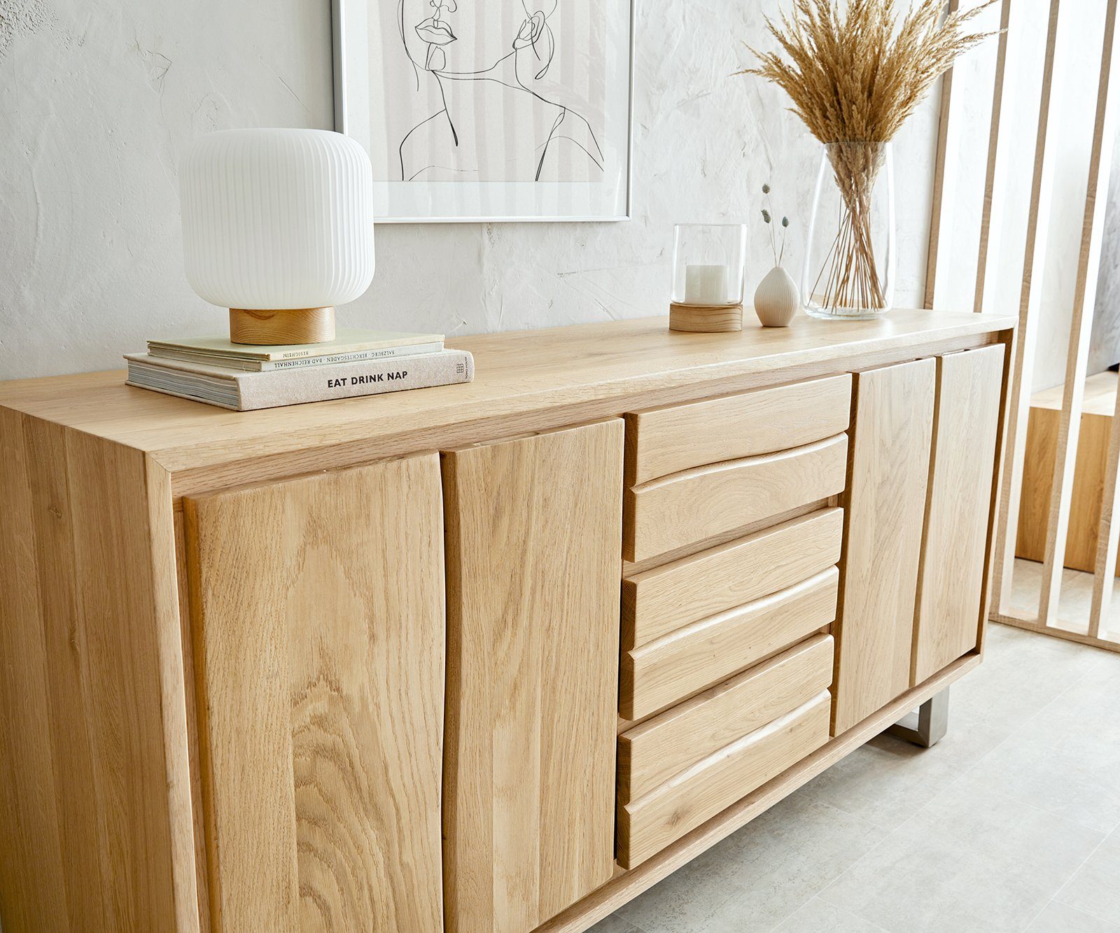 DELIFE Sideboard Live-Edge, 170 cm Eiche Natur 3 Schübe 4 Türen Sideboard