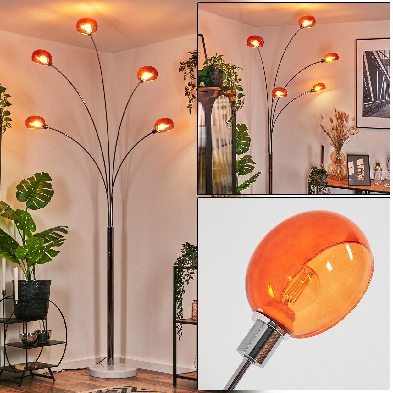 hofstein Stehlampe Stehlampe aus Metall in Weiß/Chromfarben/Orange, Retro/Vintage-Design, ohne Leuchtmittel, Stehleuchte verstellbar mit Marmorfuß und Schalter am Gehäuse, E14