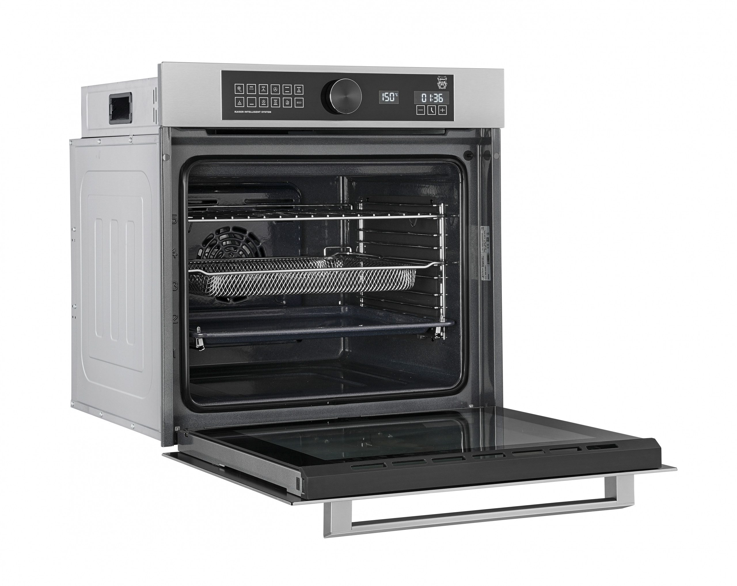 Kaiser Küchengeräte Einbaubackofen Edelstahl Einbau Backofen XXL 79L Air Fry Pizzastein Heißluftsystem Selbstreinigung EH 6451, mit 1-fach-Teleskopauszug, Grand Chef XXL Einbau-Elektrobackofen mit AirFry