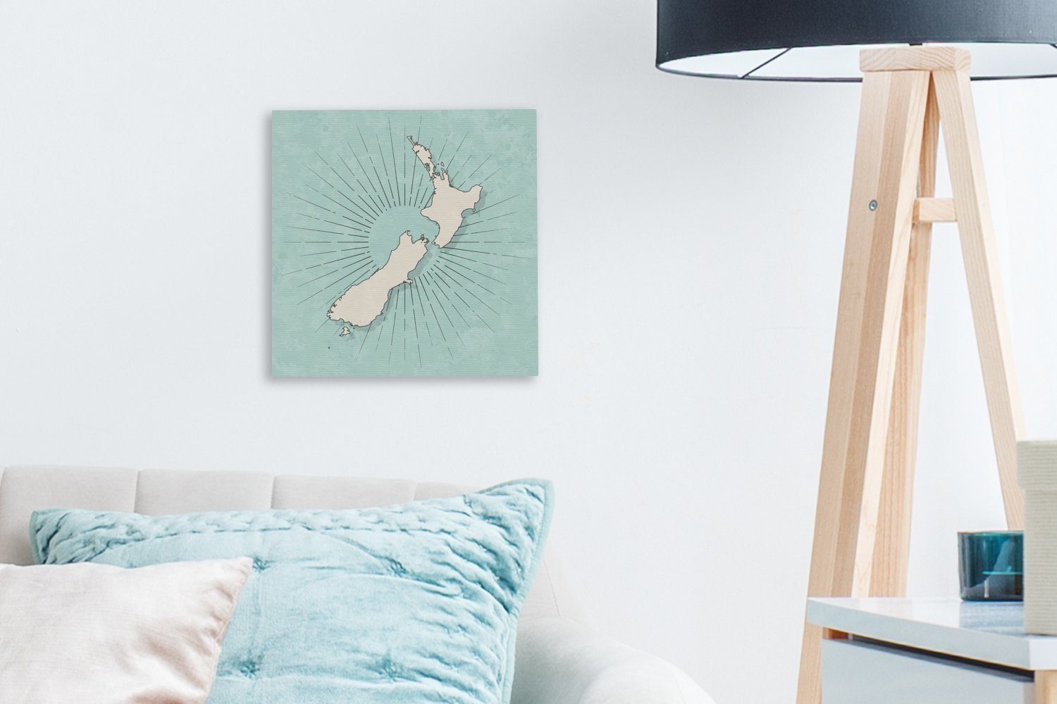 von Karte Neuseeland Schlafzimmer St), auf blau-grünem, weißen Leinwandbild OneMillionCanvasses® Bilder Wohnzimmer Eine Leinwand für Illustration (1 einer