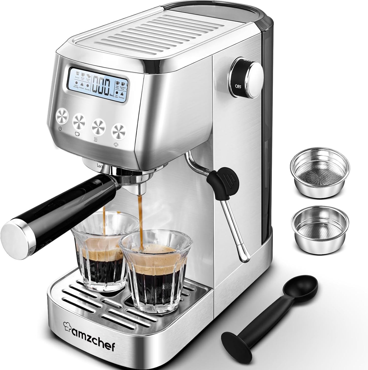 AMZCHEF Druckbrüh-Kaffeemaschine CE-CM16OT66-SV, 1350W,vollautomatisch,Geeignet für alle Tassen