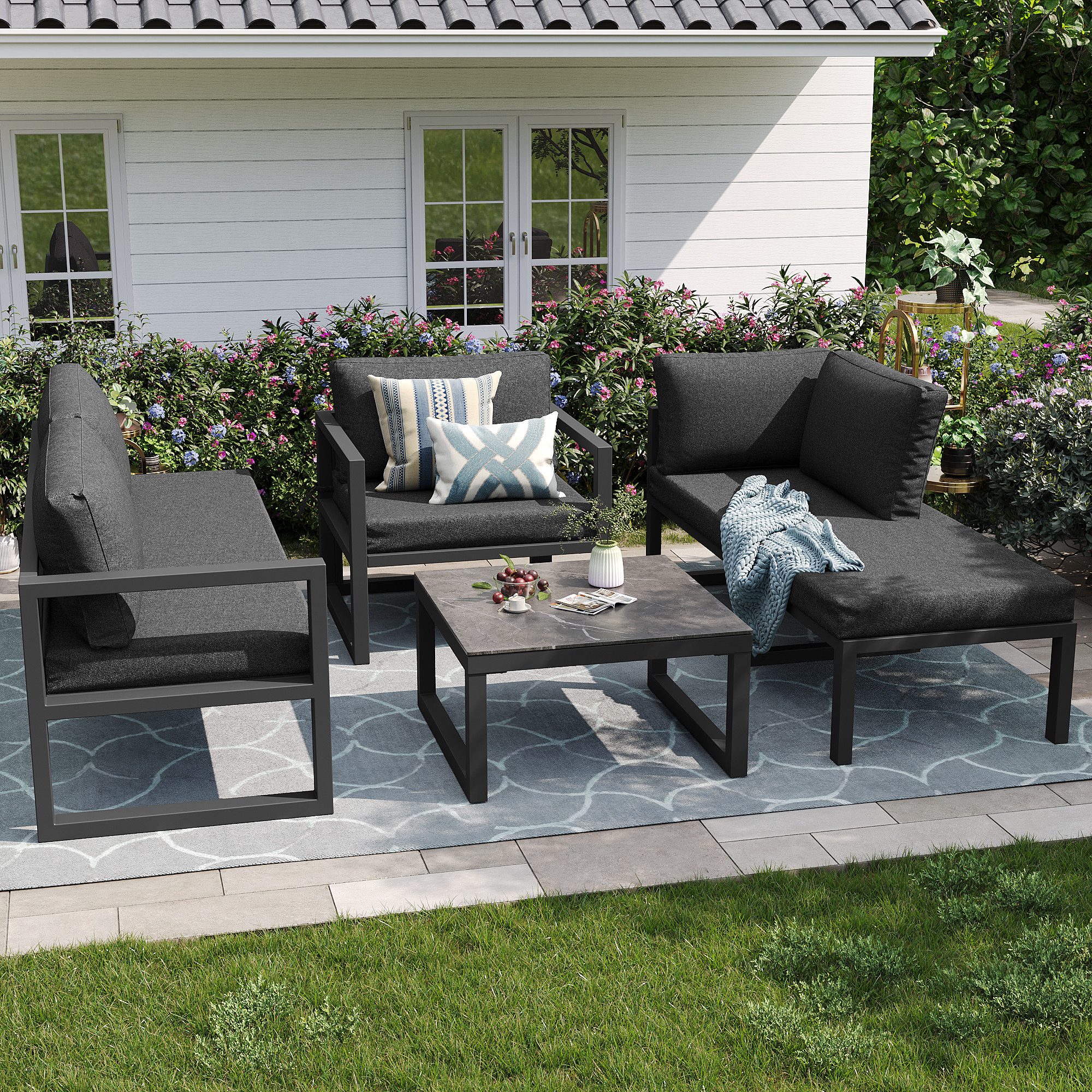 Celya Gartenlounge-Set Gartenlounges, Gartenmöbel Set mit Esstisch für 5 Personen, (Ecksofa mit verzinktem Eisengestell, verstellbare Beine, inklusive aller Sitz- und Rückenkissen, Grau), Seil-Gartenmöbel-Set