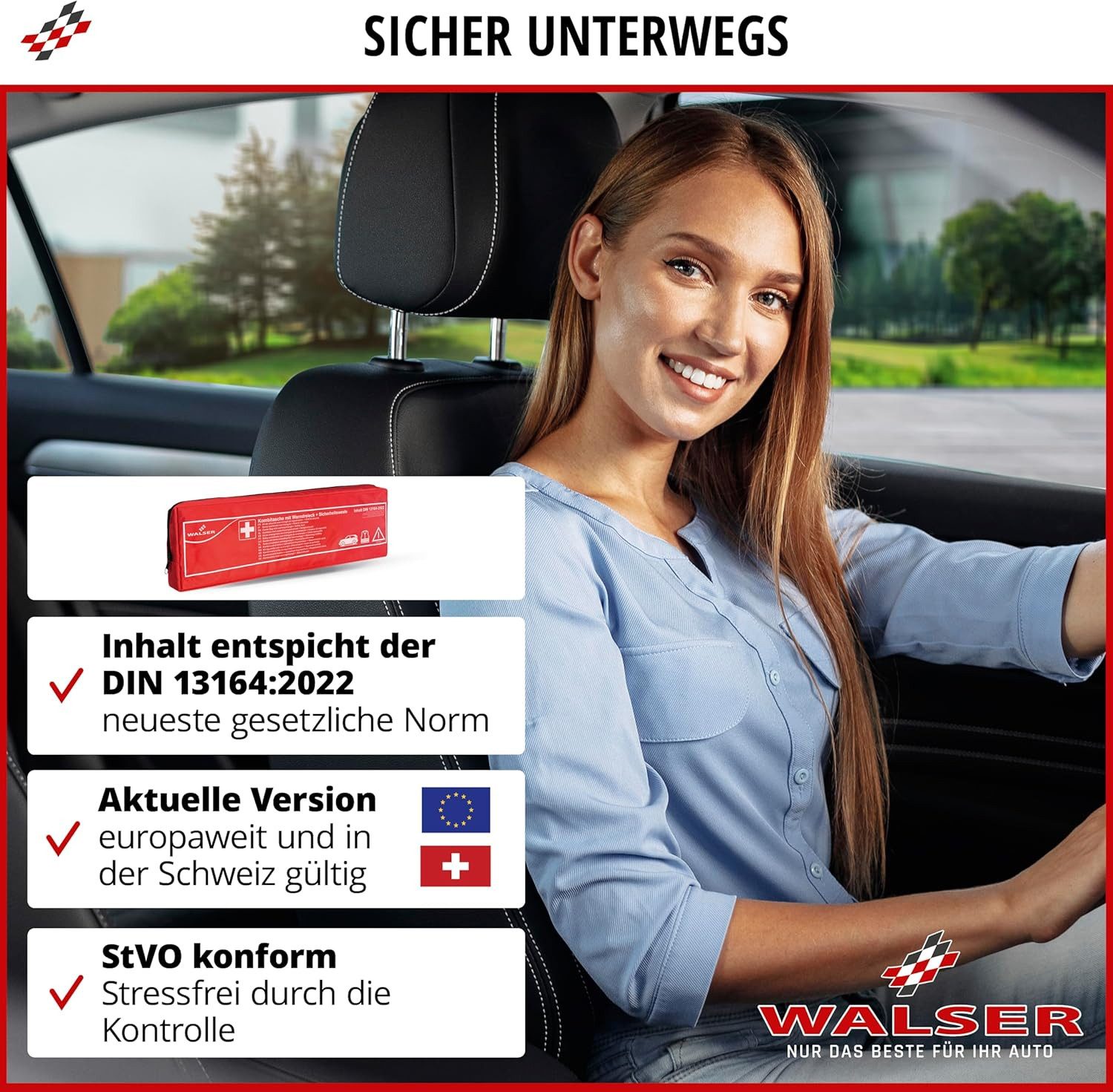 WALSER Erste-Hilfe-Set Auto Erste Hilfe Set mit Pannendreieck & Warnweste KFZ Verbandstasche