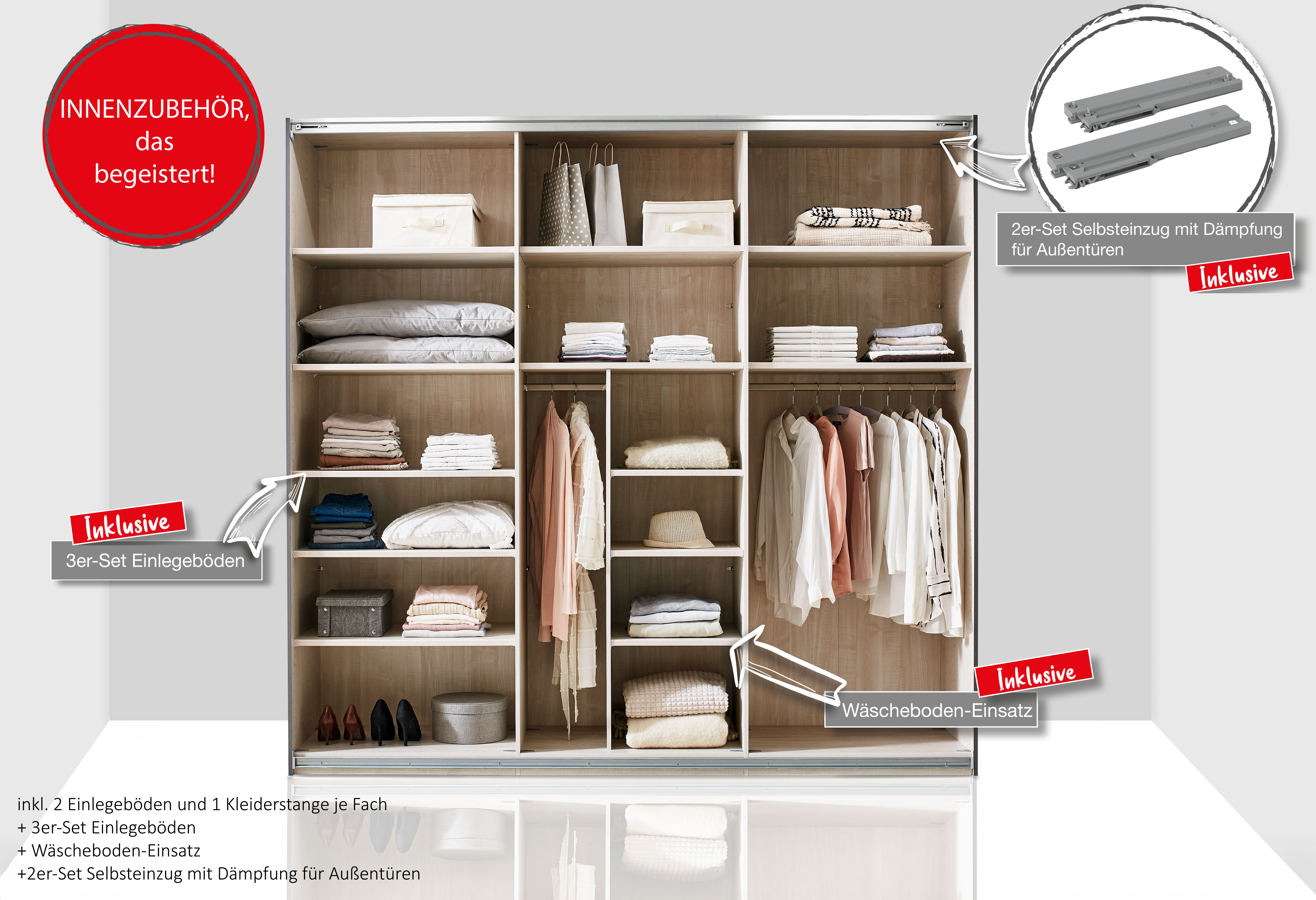 WIEMANN Schwebetürenschrank Phoenix, Made in Germany, modernes Design, Highlight, Blickfang (Viele Farbkombinationen, in 4 Breiten und in 2 Höhen erhältlich) maximaler Staurraum, inkl.Einlegeböden, Wäscheböden u. Dämpfer