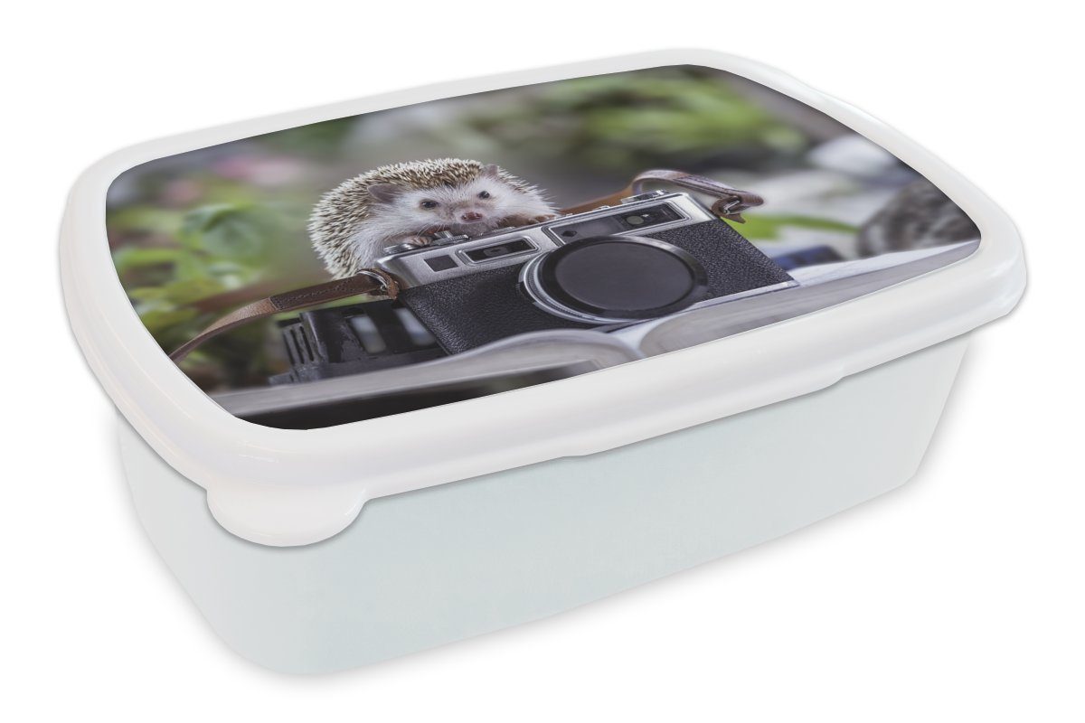 für MuchoWow auf einer und Brotdose, Lunchbox Brotbox Kunststoff, weiß Kamera, Mädchen Igel und (2-tlg), für Jungs Kinder Erwachsene,