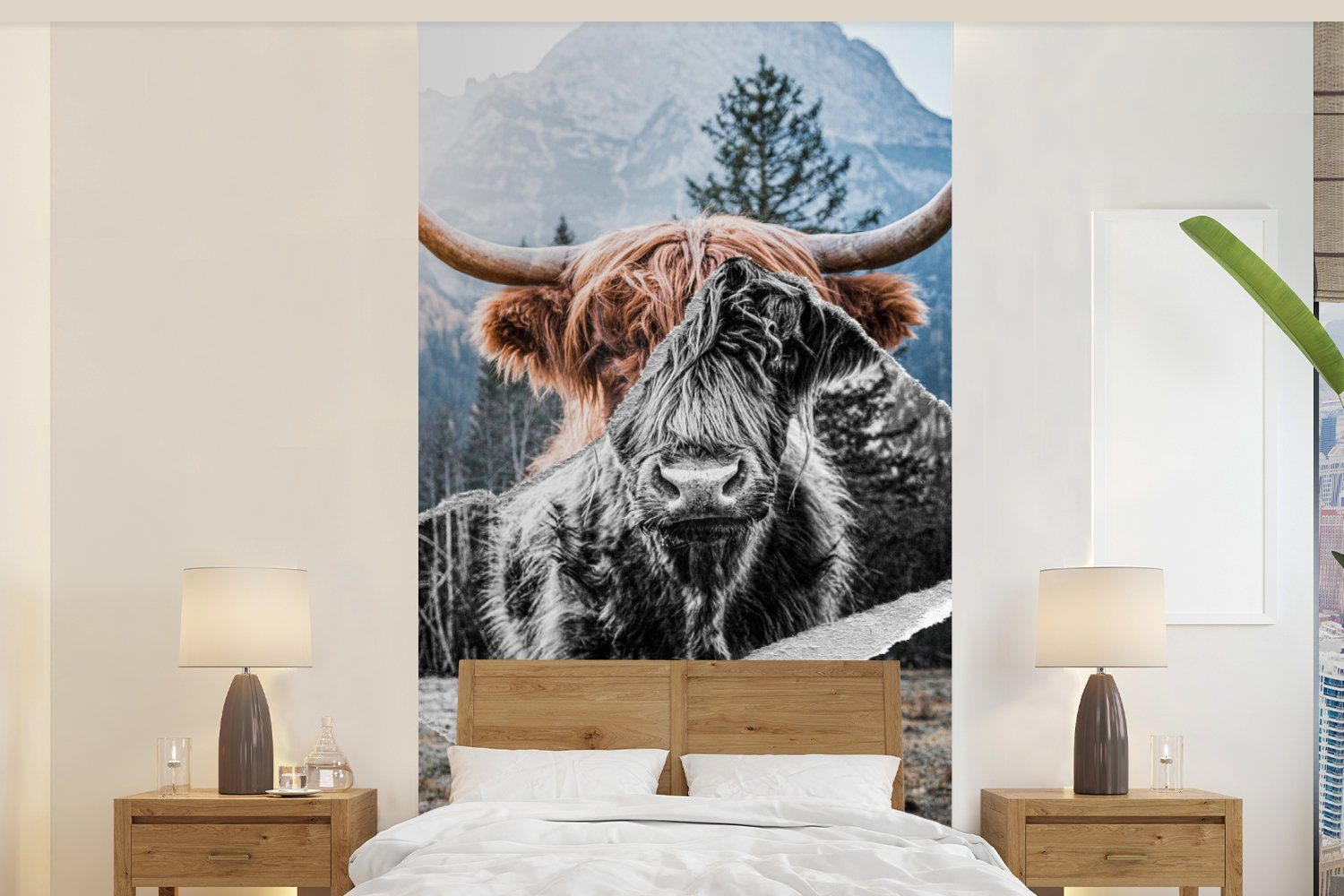 MuchoWow Fototapete Schottischer Highlander - Kuh - Tiere, Matt, bedruckt, (2 St), Vliestapete für Wohnzimmer Schlafzimmer Küche, Fototapete