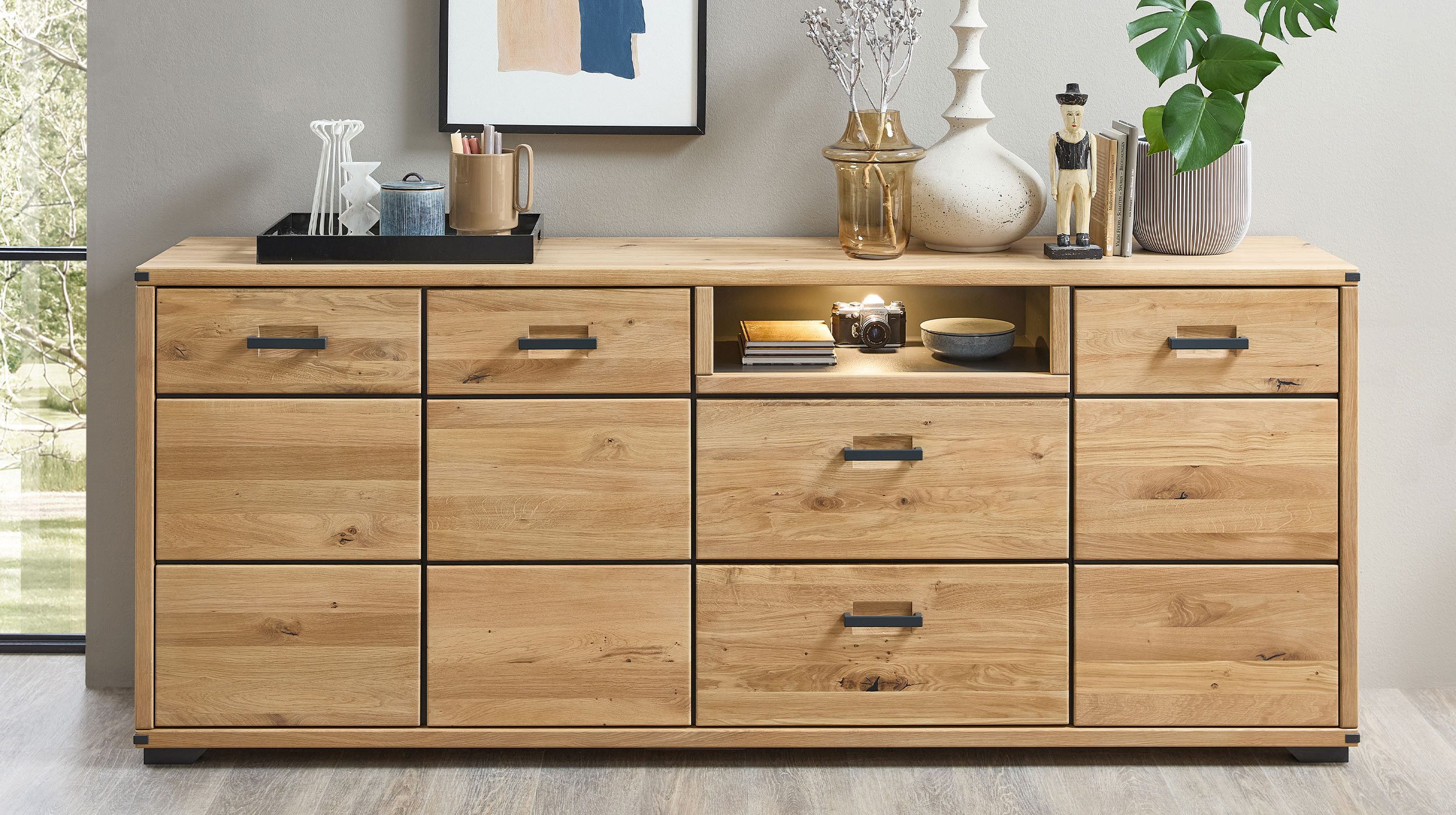 Massivart® Sideboard CATANIA 219 cm / Massivholz Wildeiche geölt / Metallgr günstig online kaufen