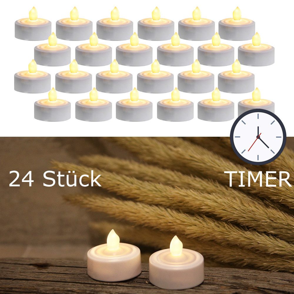 MARELIDA LED-Teelicht LED Teelichter flackernd flammenlos mit Batterien Timer D: 3,6cm 24St., LED Classic, warmweiß (2100K bis 3000K)