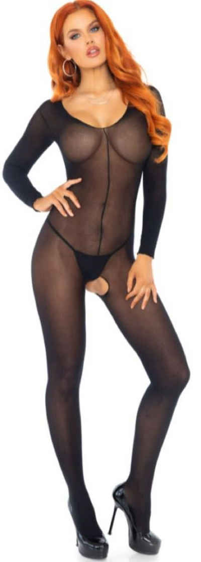 Leg Avenue Bodystocking Damen Bodystocking Transparent mit langem Arm aus Nylon schwarz Einheitsgröße ca. 36 bis 40 0 DEN