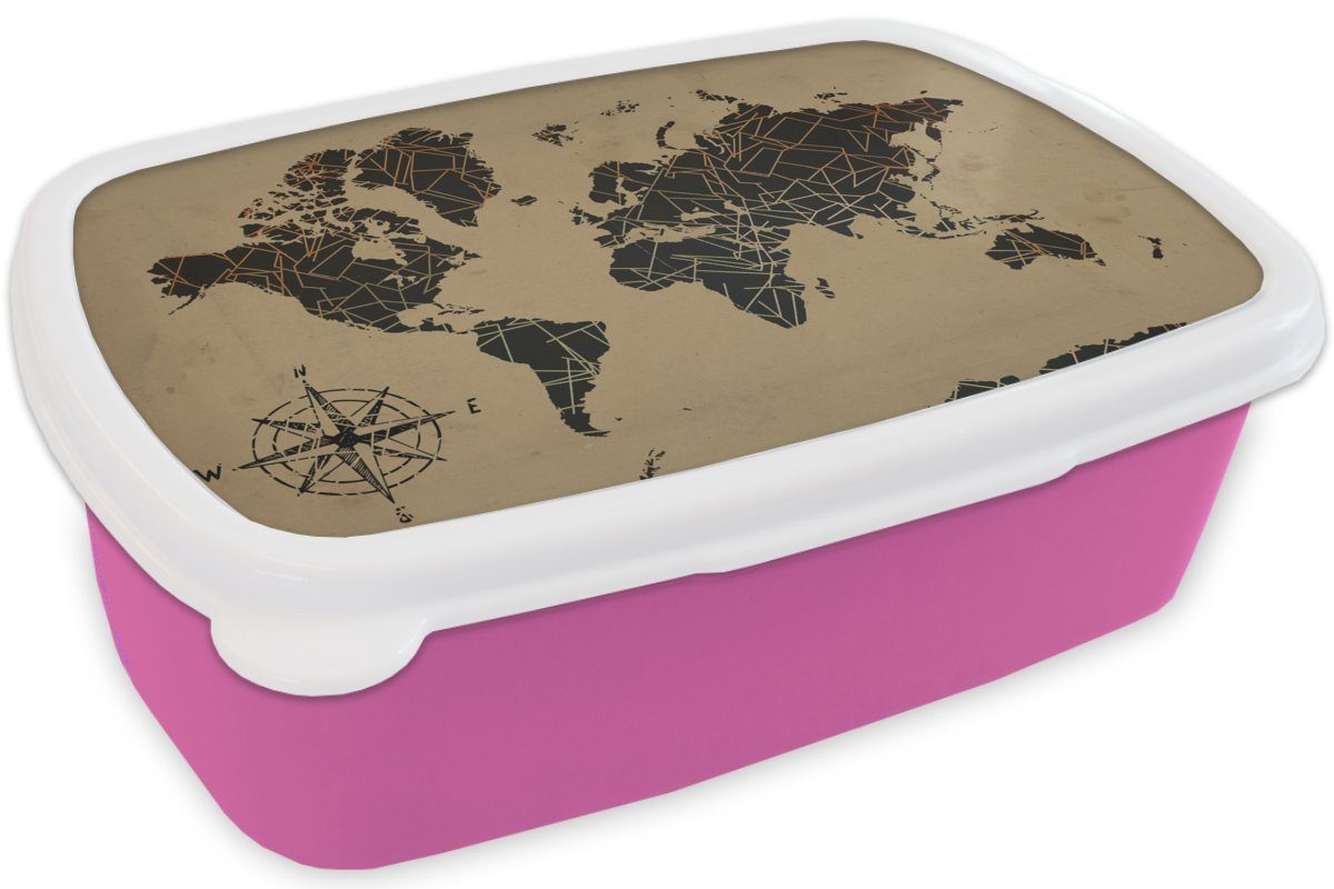 Brotdose Weltkarte Lunchbox Erwachsene, Vintage für Mädchen, Brotbox - (2-tlg), - Kinder, MuchoWow Kompassrose, rosa Kunststoff Kunststoff, Snackbox,