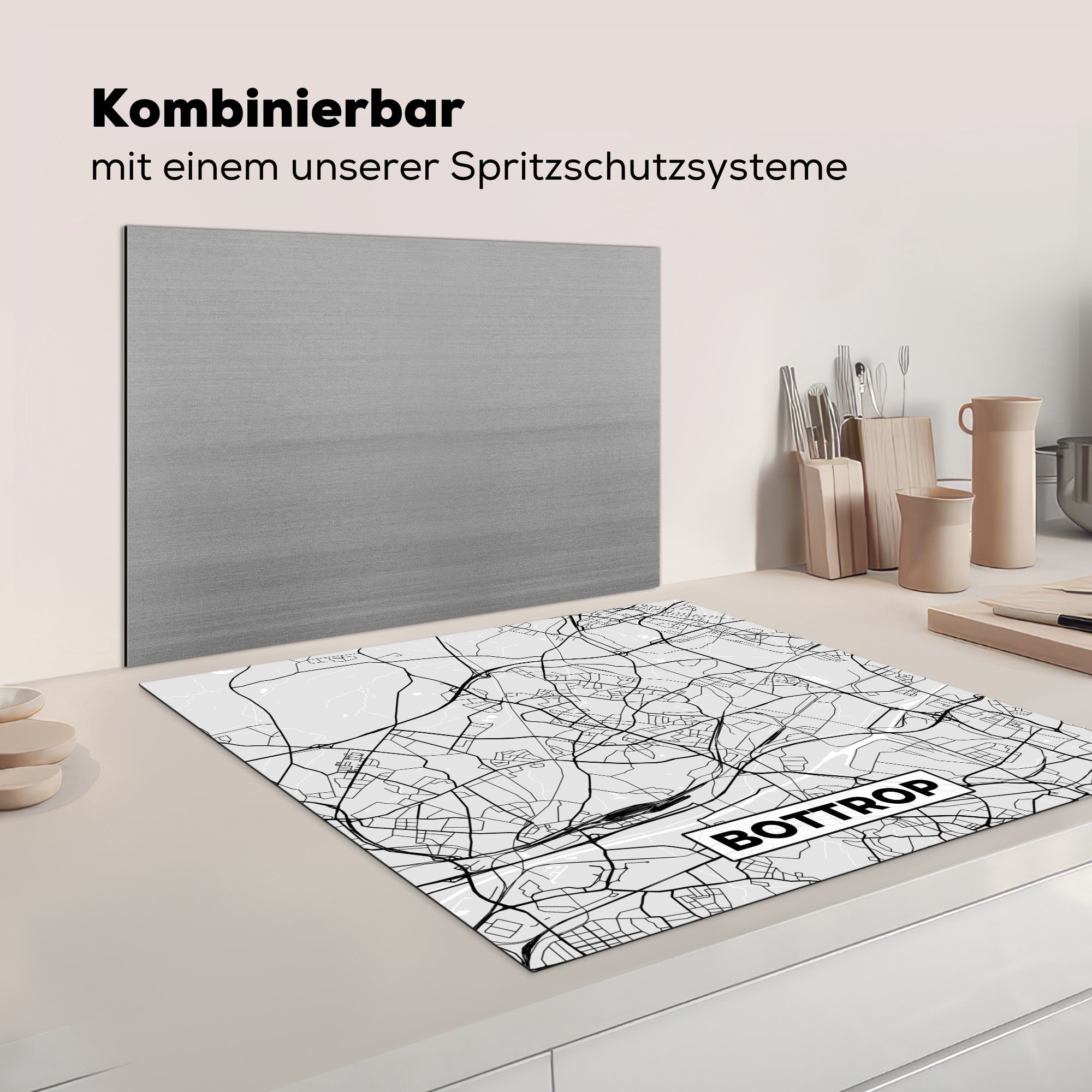 Karte, - Arbeitsplatte Herdblende-/Abdeckplatte - tlg), - Bottrop für - Ceranfeldabdeckung, 78x78 Stadtplan MuchoWow küche cm, Deutschland Karte (1 Vinyl,