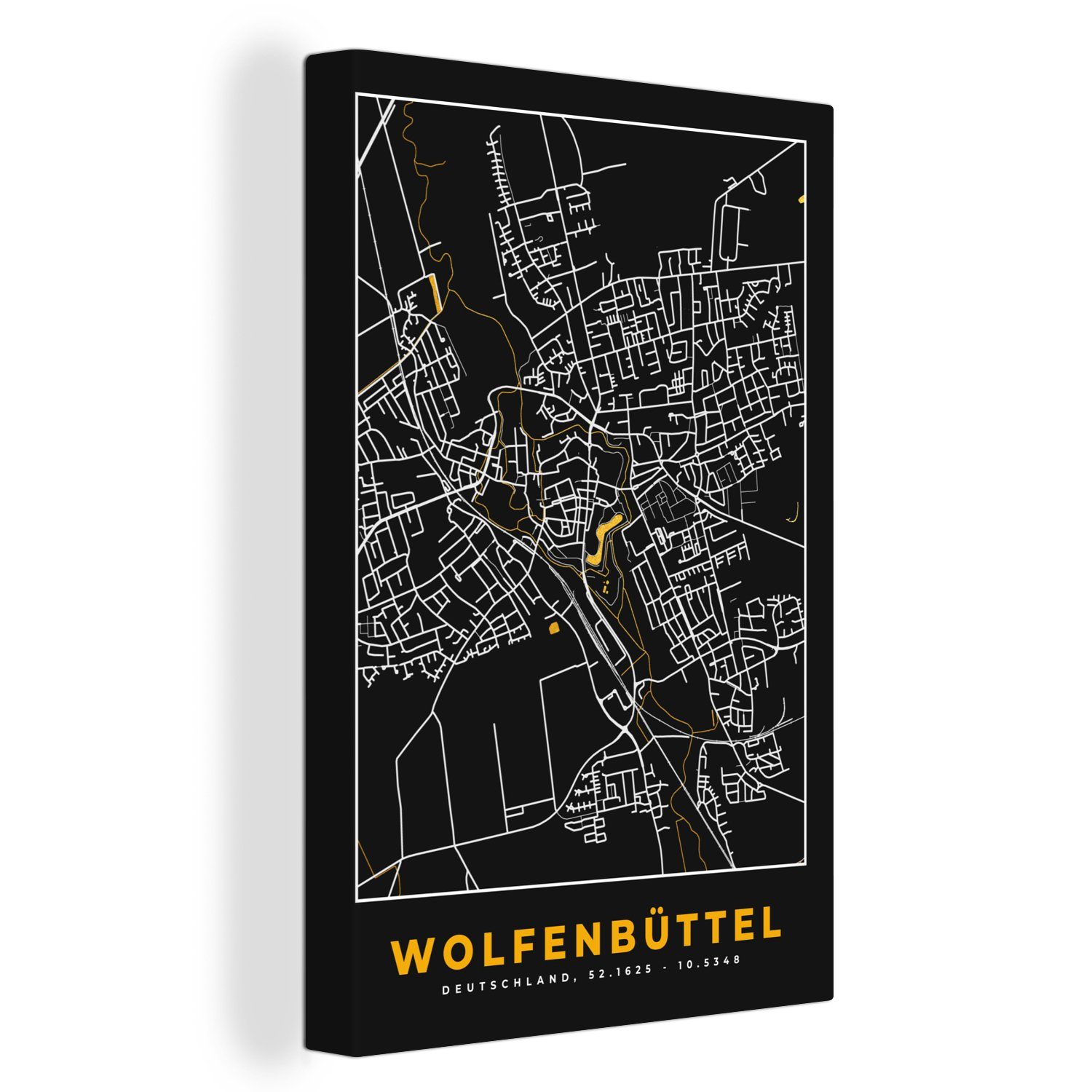 Deutschland inkl. - OneMillionCanvasses® cm St), Stadtplan bespannt - Wolfenbüttel Karte, (1 Zackenaufhänger, Gold Schwarz Leinwandbild - Gemälde, - 20x30 fertig und Leinwandbild