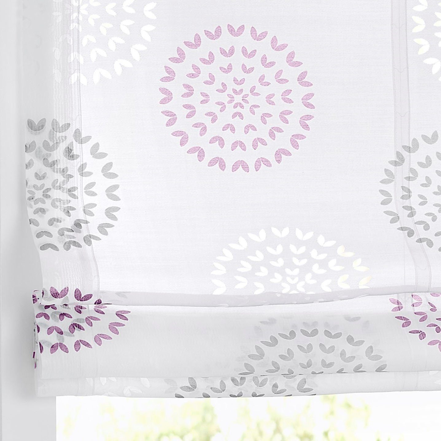 Kutti Raffrollo Bella, mit Hakenaufhängung, ohne Bohren, freihängend, weiß, halbtransparent, Ausbrenner, bedruckt, mit Edelstahlhaken