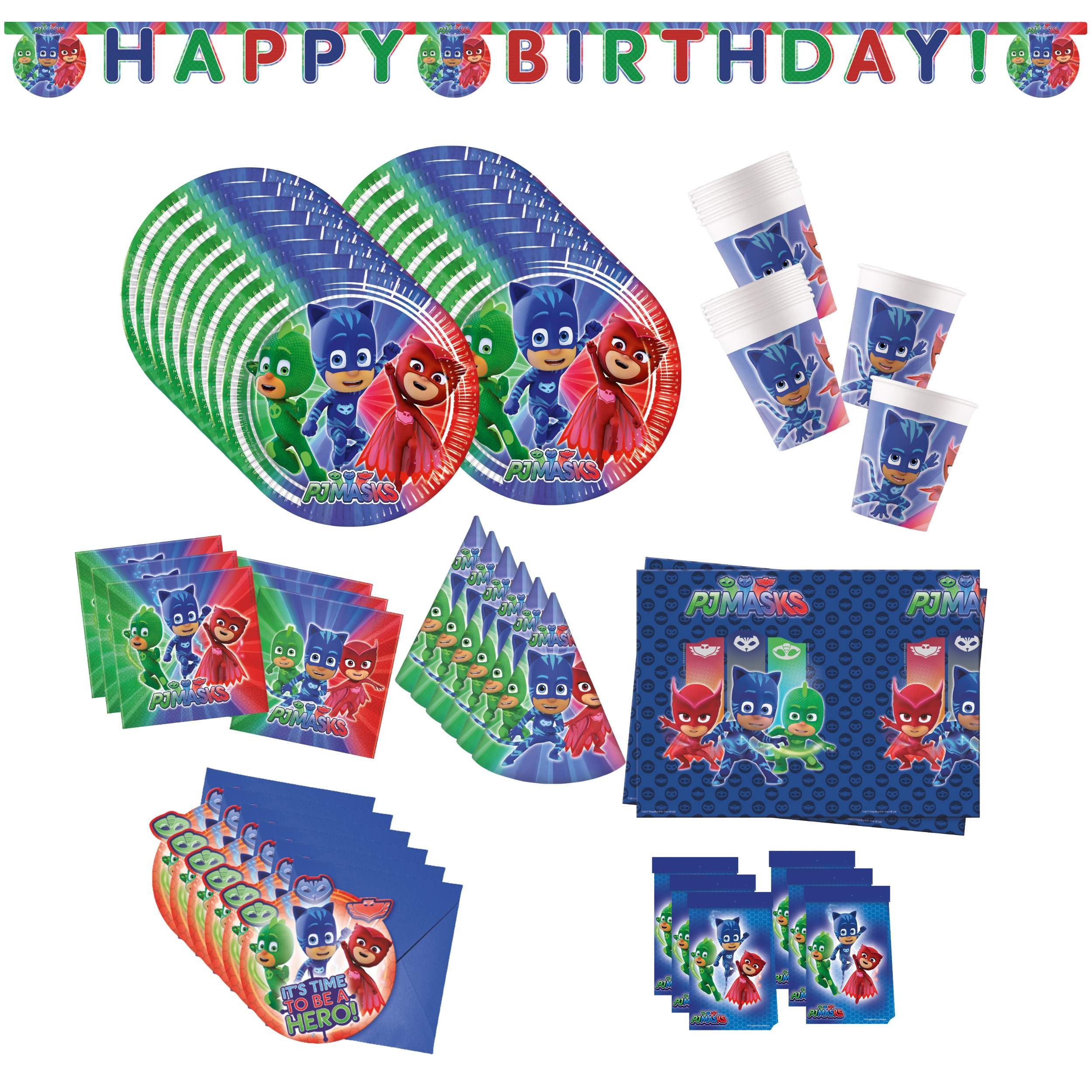Procos Einweggeschirr-Set 74-tlg PJ Masks Pyjamahelden Partyset für Kindergeburtstag, 16 Personen