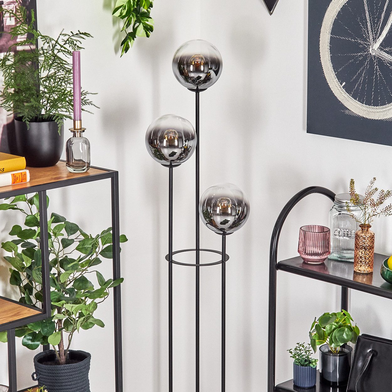 hofstein Stehlampe Stehlampe aus Metall/Holz/Riffelglas in Schwarz/Hellbraun/Bernstein, ohne Leuchtmittel, Stehleuchte im Retro-Design m. Glasschirmen (15cm), Fußschalter, E14