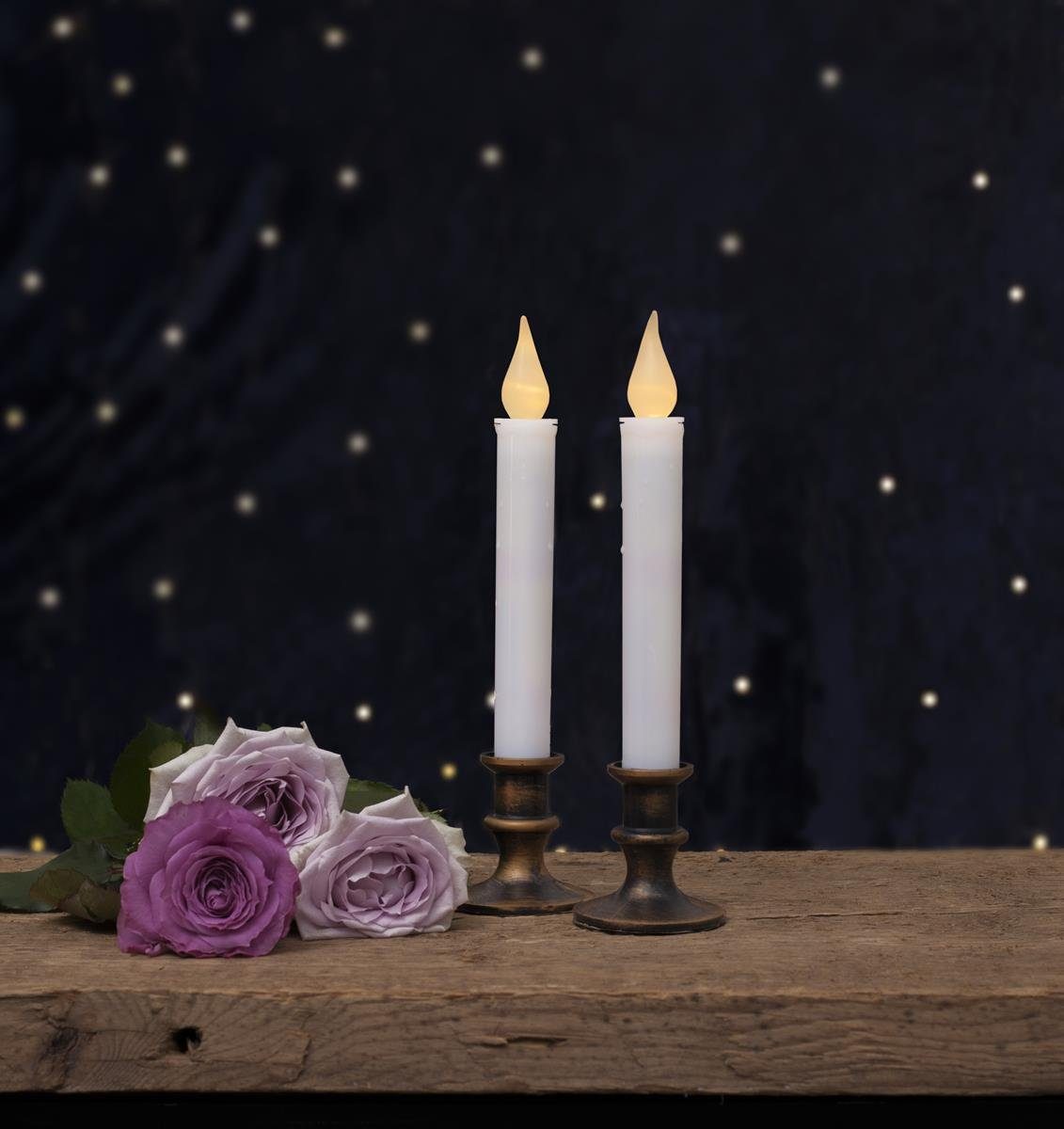 Kerzenständer LED Stabkerzen Mette antik-bronzener Standfuß H: 23cm Timer 2er Set