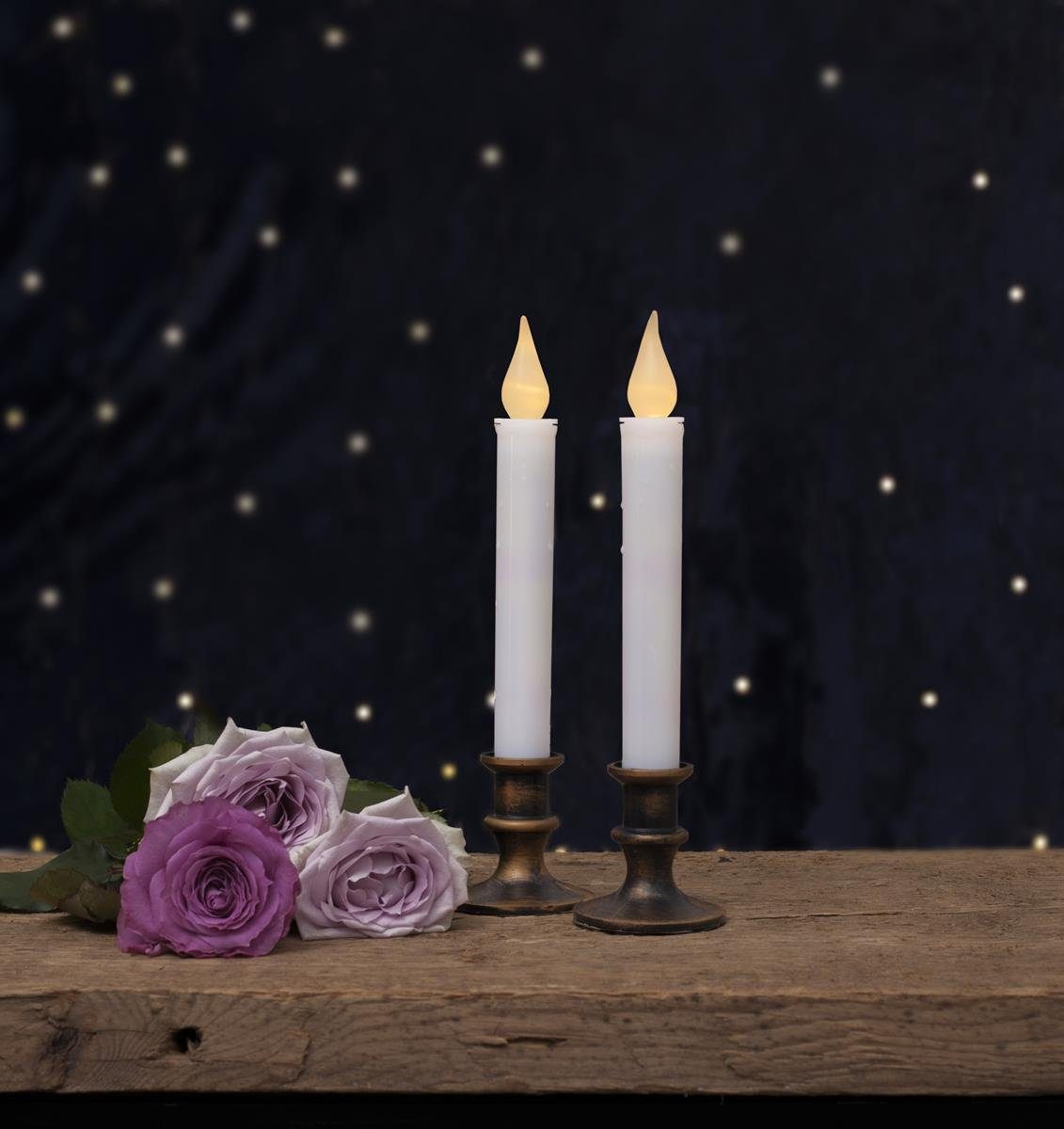 LED H: (2 Für St), Kerzenständer 23cm Standfuß antik-bronzener STAR gemütliche Mette viele Set 2er Stunden Stabkerzen TRADING Timer