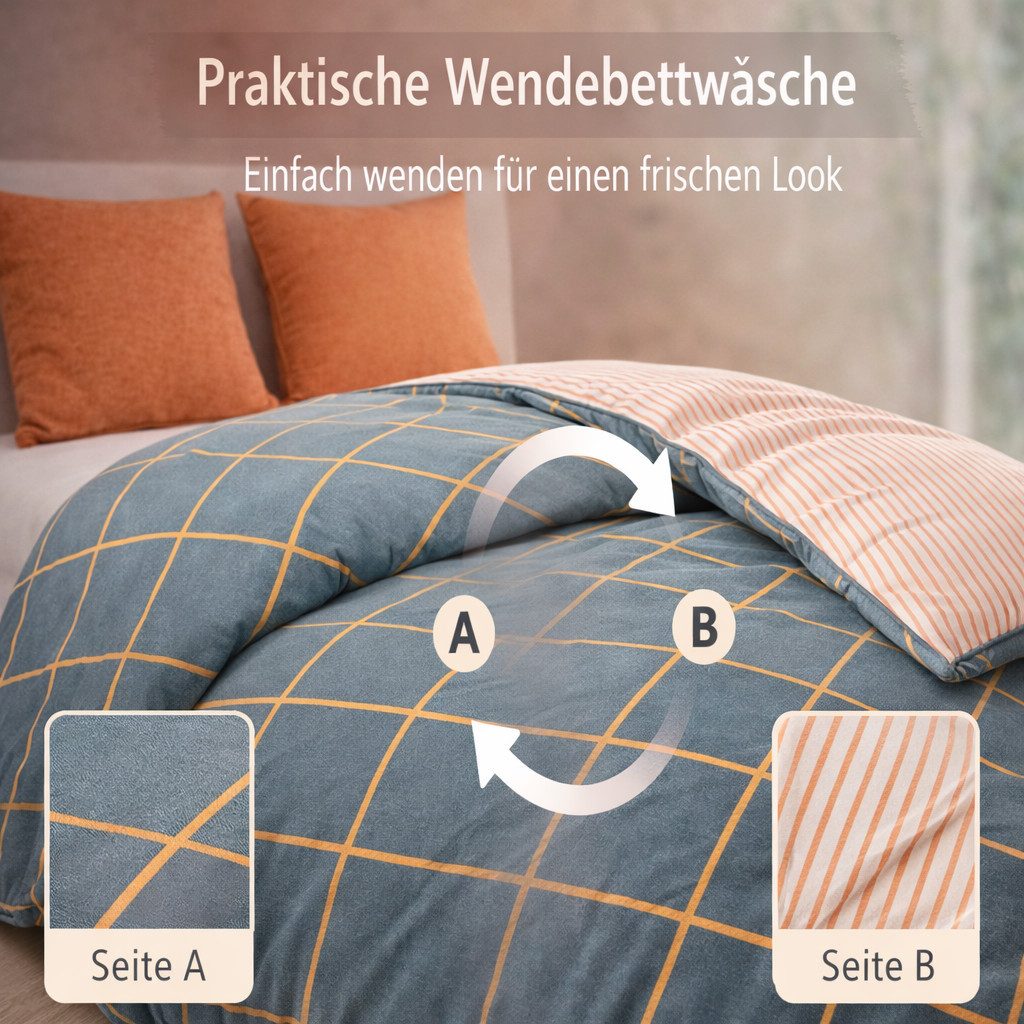 Leonado Vicenti Bettwäsche 100% Baumwolle Grau 135x200, 155x220, 200x200 oder 200x220, Renforcé, 3 teilig, Wendebettwäsche Gepunktet und Gestreift mit Reißversc – Bild 3 von 4