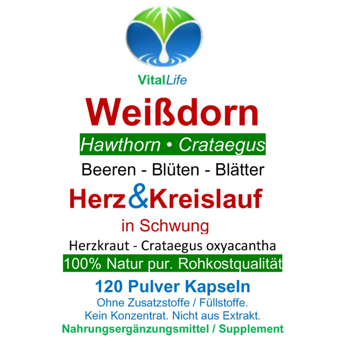 VitalLife Weissdorn Weißdorn NATUR pur Weißdornbeeren & Weißdornblätter Kapseln, 1 er Dose à 120 St., 58 g, Art. 27100-120