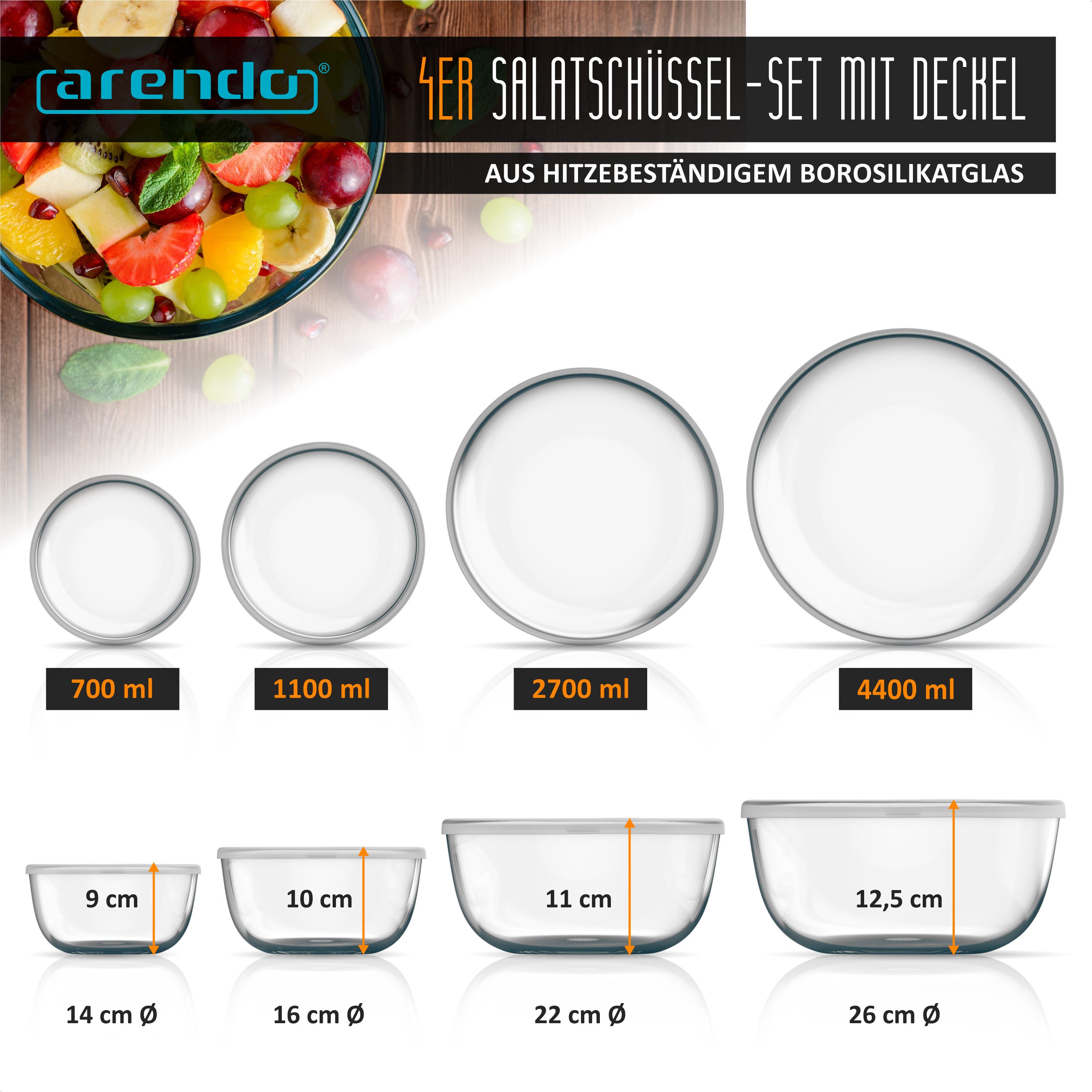 Arendo Salatschüssel 4x Glasschüsseln mit Deckel 0,7L, 1,1L, 2,7L & 4,4L, Glas Rührschüssel, Glas, (4er Set, 4-tlg), Glasschale, BPA-frei, Spülmaschinen und Mikrowellen geeignet