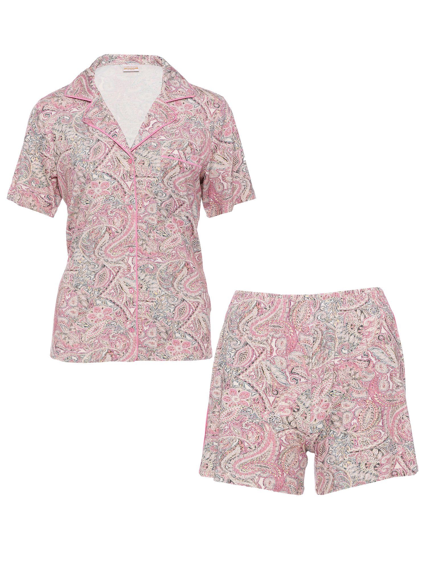 & 2-teilig) floraler Shape Optik Hemdbluse Shorty Pyjama Pure elastisch mit (Set,