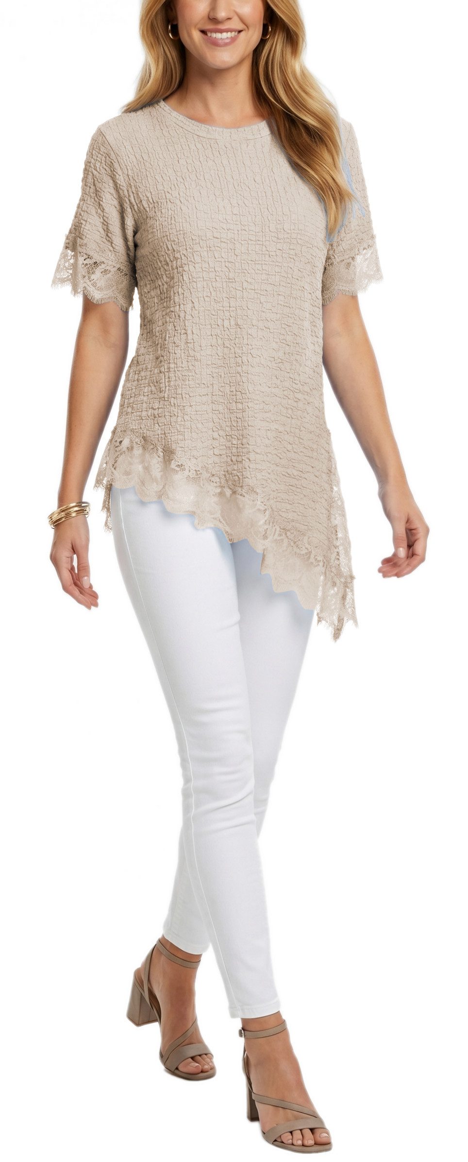 dy_mode Longtunika Damen Longshirt mit Spitzen Kurzarm Tunika in Knitter-Optik Oberteil in Unifarbe, Knitter-Optik, asymmetrisch mit Spitzen-Saum