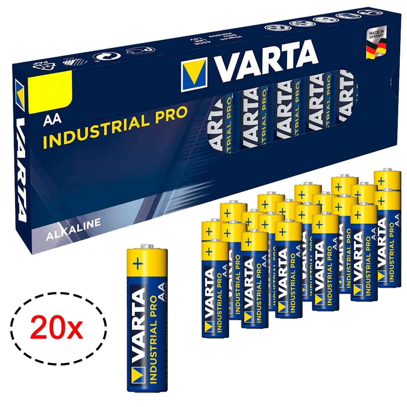 VARTA 20er Pack AA Industrial Alkaline Mignon Batterie, (1,5 V, 20 St), Made in Germany Батареї 1,5V für Taschenlampe Spielzeug Wand Uhr