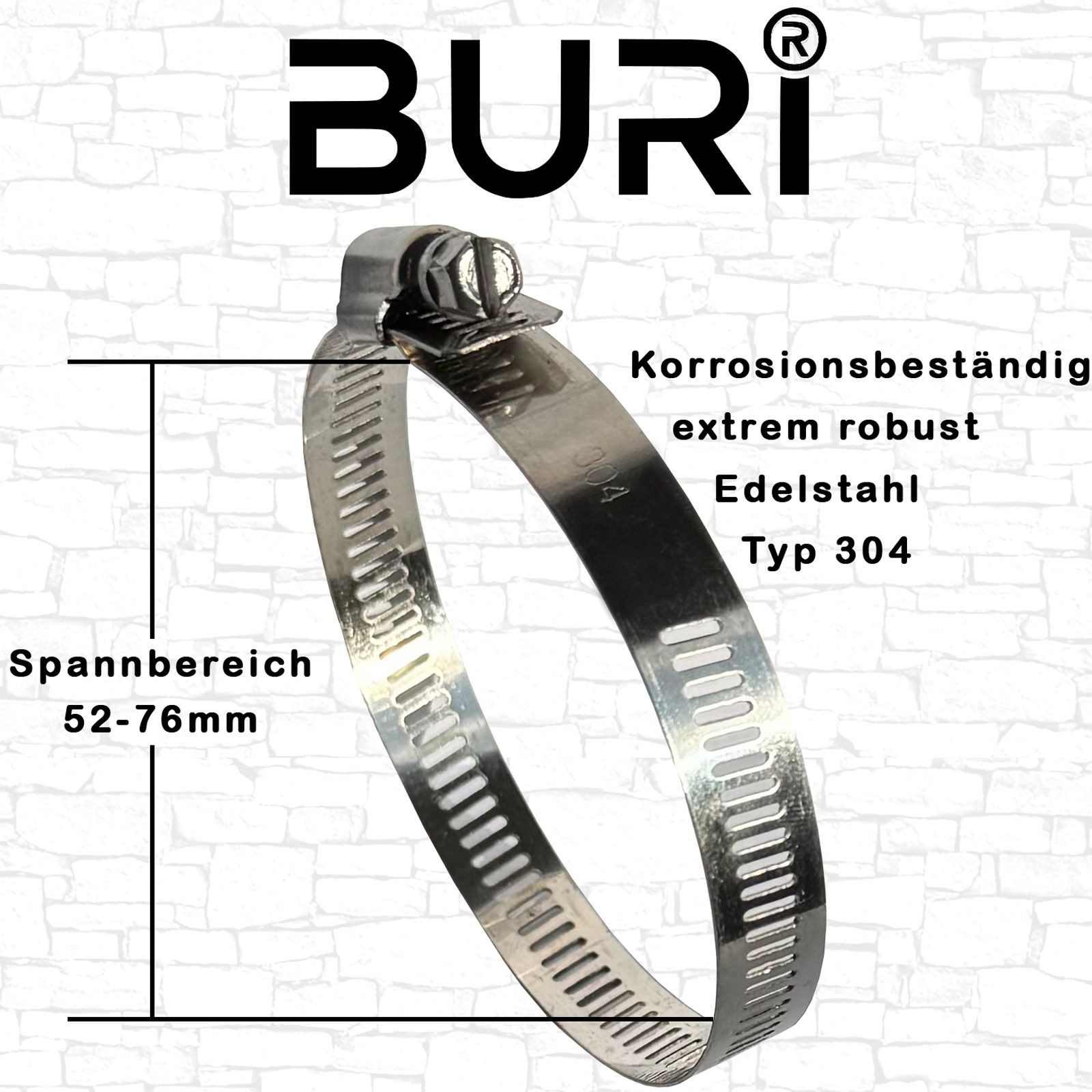 BURI Schlauchschelle 15 Schlauchschellen Edelstahl Schlauch Schellen Rohrschellen 52-76mm, (15-St)