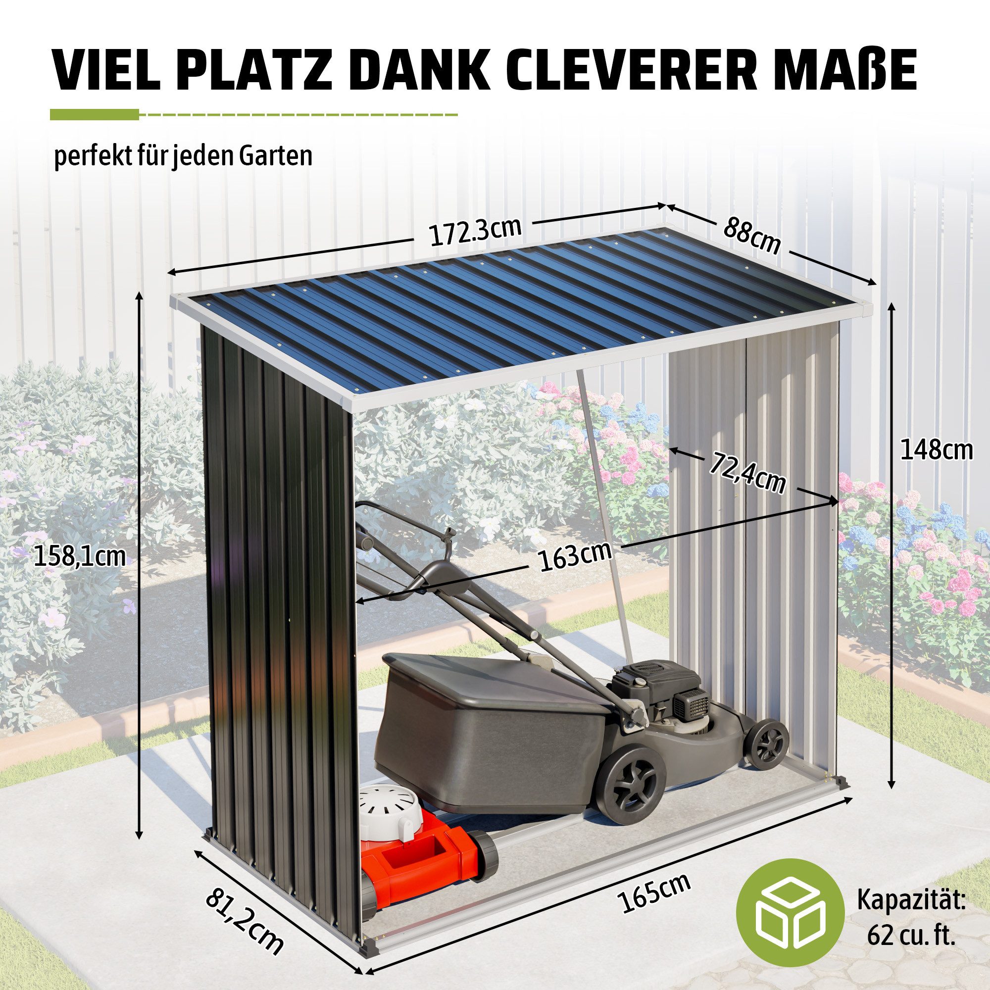Blossom Kaminholzregal Brennholzunterstand aus verzinktem Stahl Wetterfestes Garten Holzregal, BxTxH:172.3x88x158.1 cm, wetterfest Gartenholzregal Regal mit Dach, 172 x 88 x 158 cm