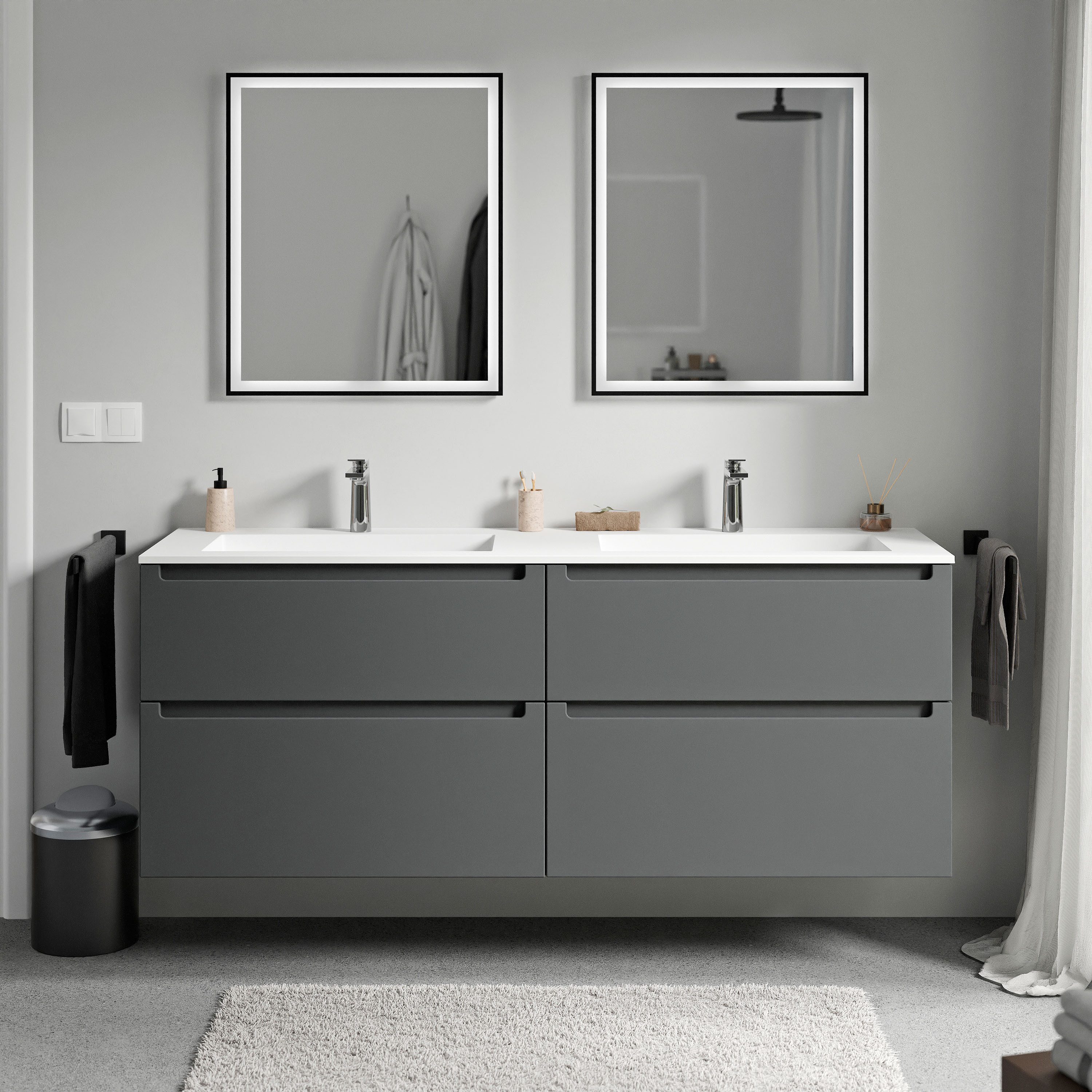 Bernstein Waschbeckenunterschrank VIREO 160cm Anthrazit matt BRUXELLES Weiß matt Waschtischunterschrank mit Doppelwaschbecken 4 Schubladen