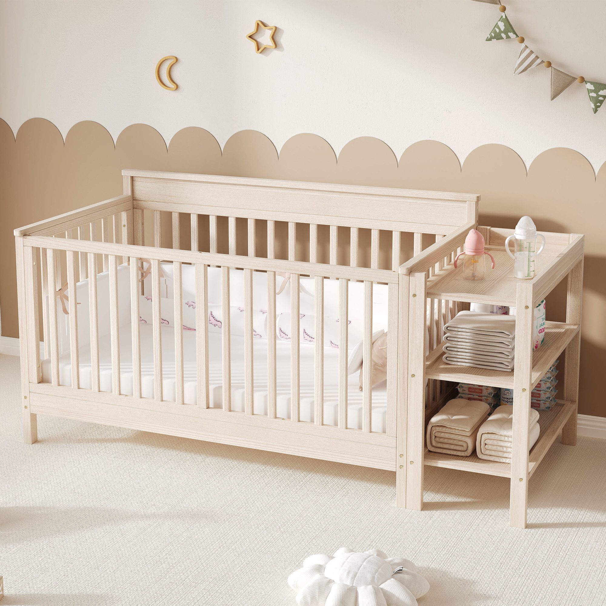 Merax Babybett 3-in-1 Gitterbett 140x70 cm, Massivholz Kinderbett, 1-tlg., 3-fach höhenverstellbar, Beistellbett & Sofa-Modus, mit Wickeltisch