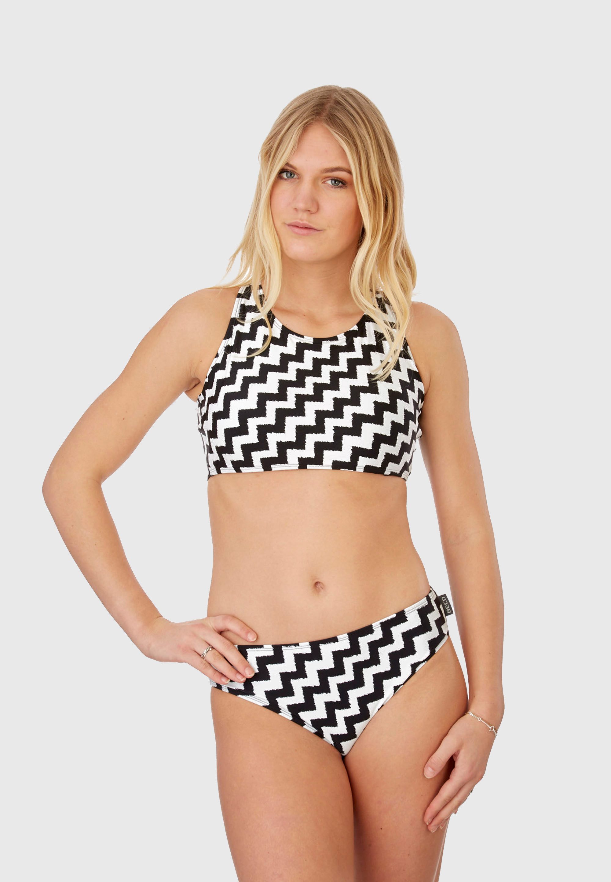 Beco Beermann triangle bikini top Black & White, with striking criss cross lacing in the back for a firm hold