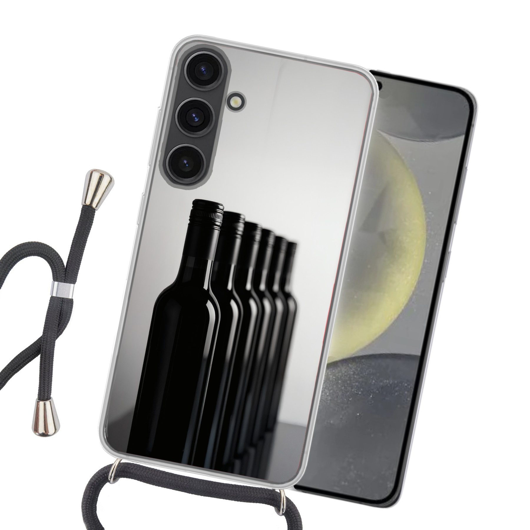 MuchoWow Handyhülle für Samsung Galaxy S24 Weinflaschen - Schwarz - Minimalistisch, Tragbare Handyhüllen mit Kette zum umhängen, Handykette Handyband