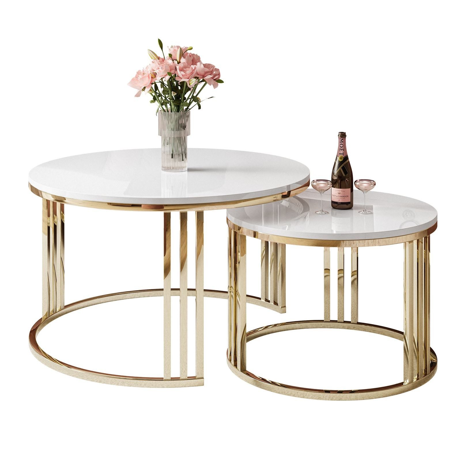 ALLHOUSE24 Couchtisch PEONY 2 in 1 GOLD Chrom Metallgestell Hochglanz runder Couchtisch (2er Set), Durchmesser: ⌀70 cm und ⌀50 cm