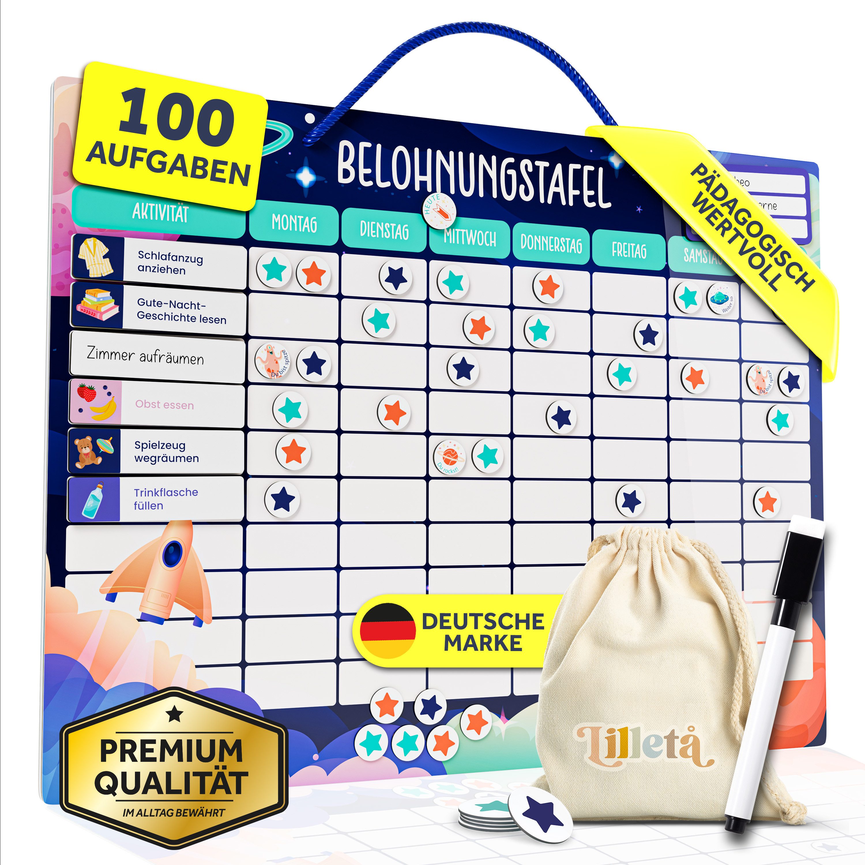 Lilletå Lernspielzeug Belohnungstafel für Kinder – 95 Aufgaben & 350 Magnete, Magnetisches Belohnungssystem für Verantwortung & Selbstständigkeit
