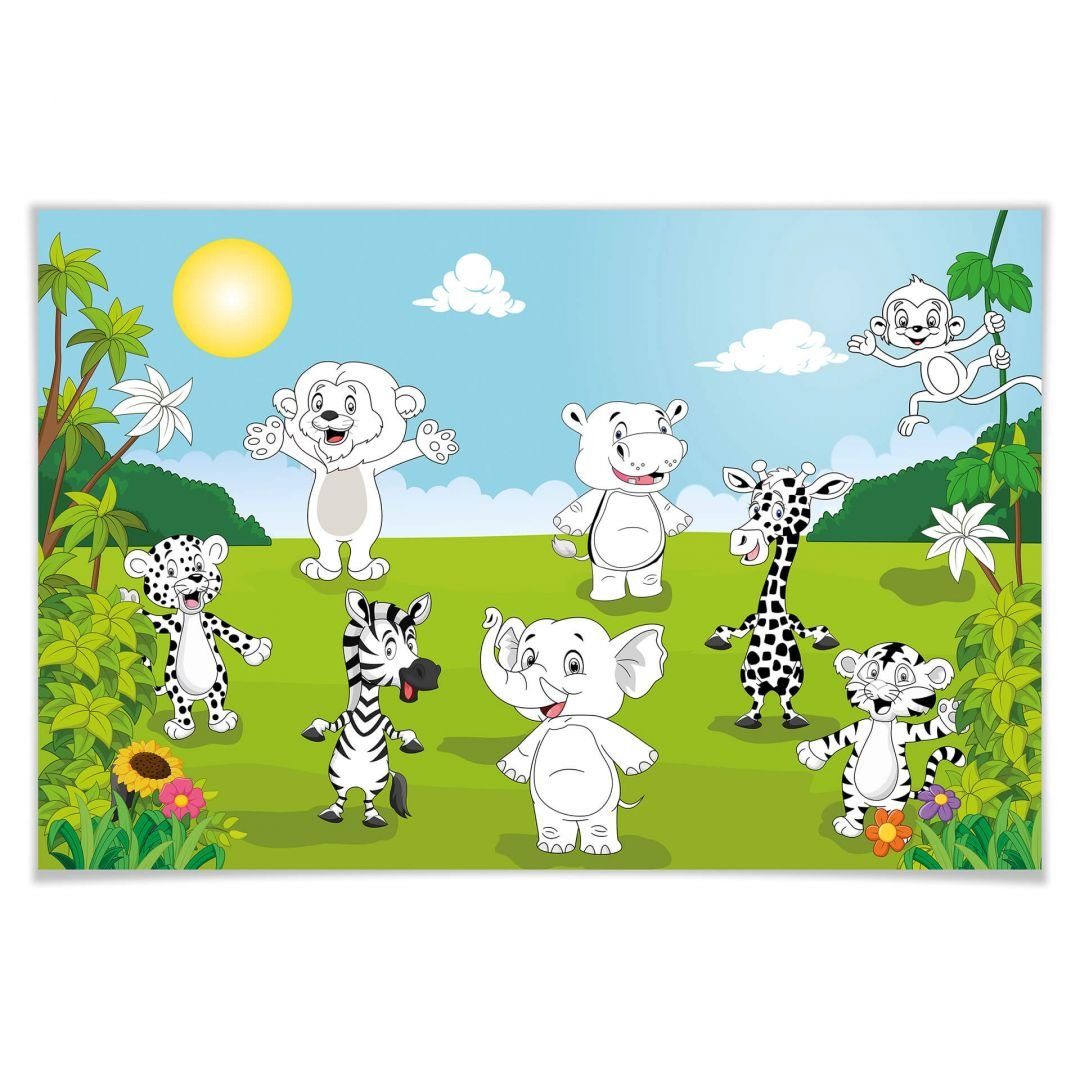 Wizard + Genius Poster XXL Safari Zoo Tiere zum Ausmalen Dschungel Zebra Affe 175x115 cm, Wohnzimmer Wandbild modern