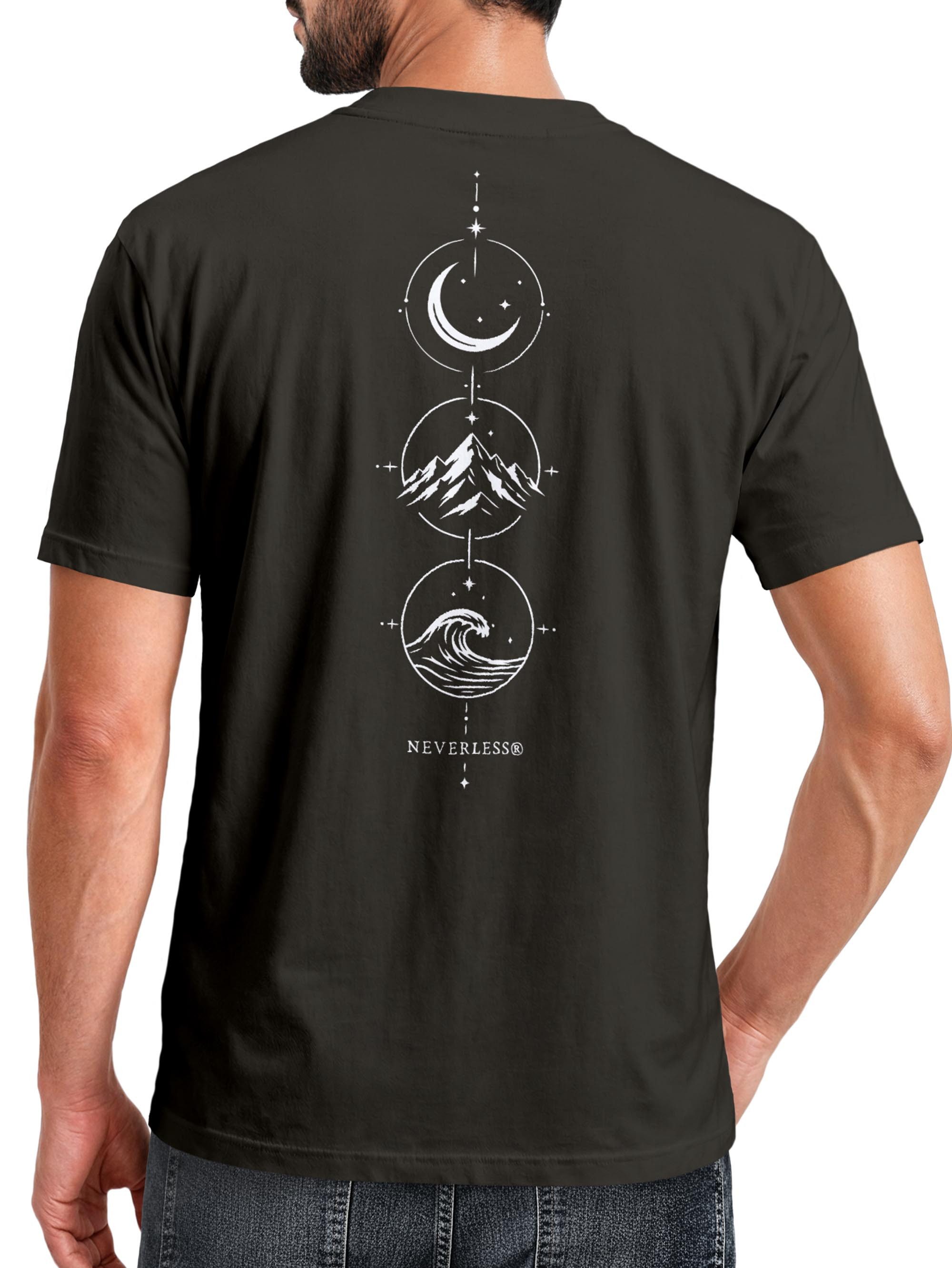 Neverless Print-Shirt Herren T-Shirt Backprint - Berg Mond Welle - Baumwollshirt Männer mit Print