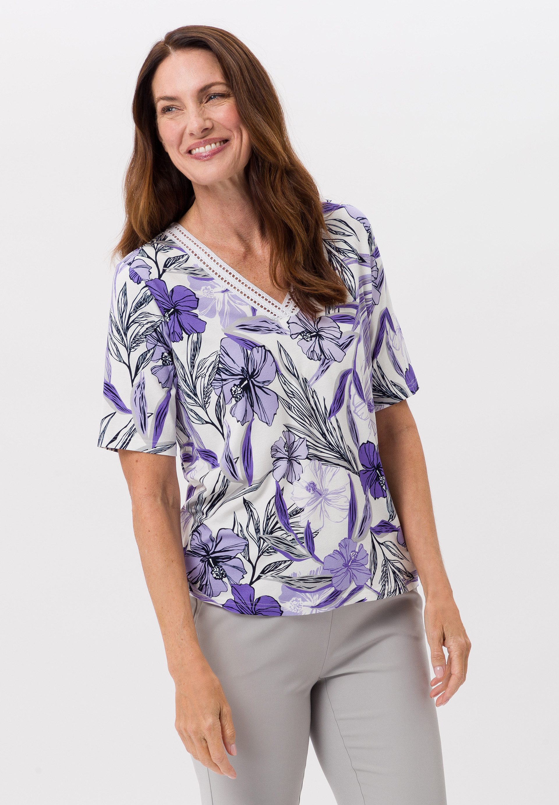FRANK WALDER Kurzarmshirt mit femininer Hohlsaumborte günstig online kaufen
