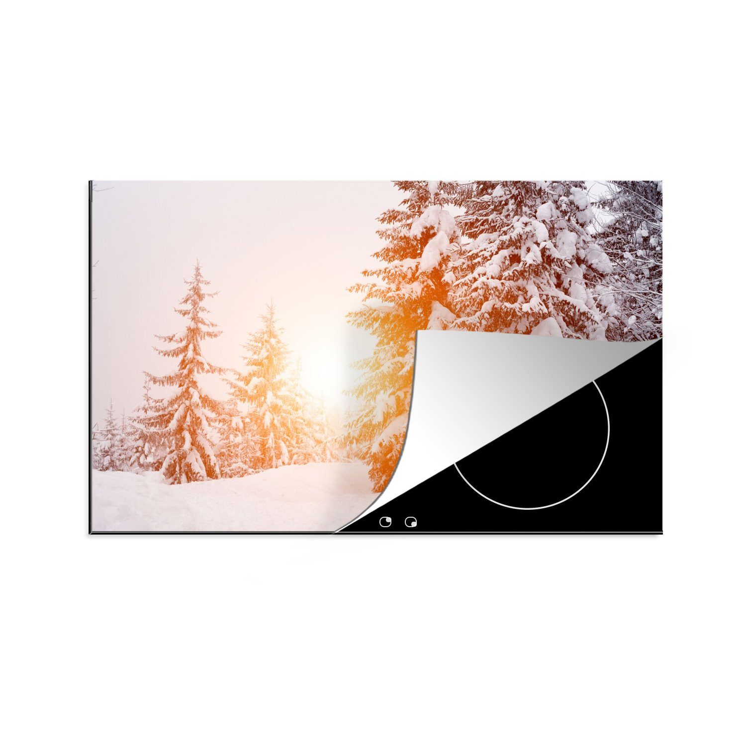 MuchoWow Herdblende-/Abdeckplatte Sonne - Bäume - Schnee, Vinyl, (1 tlg), 80x52 cm, Induktionskochfeld Schutz für die küche, Ceranfeldabdeckung | Herdabdeckplatten