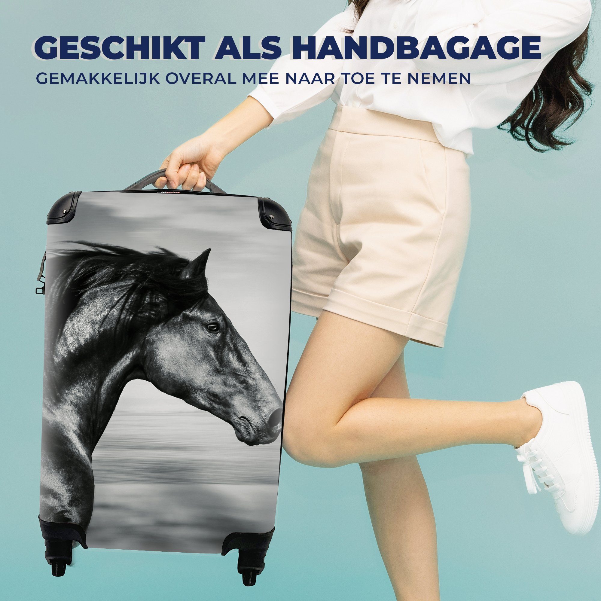Weiß, mit Handgepäck Pferd Handgepäckkoffer - Ferien, für Reisekoffer Schwarz MuchoWow - Reisetasche Trolley, Rollen, Tiere 4 - rollen,