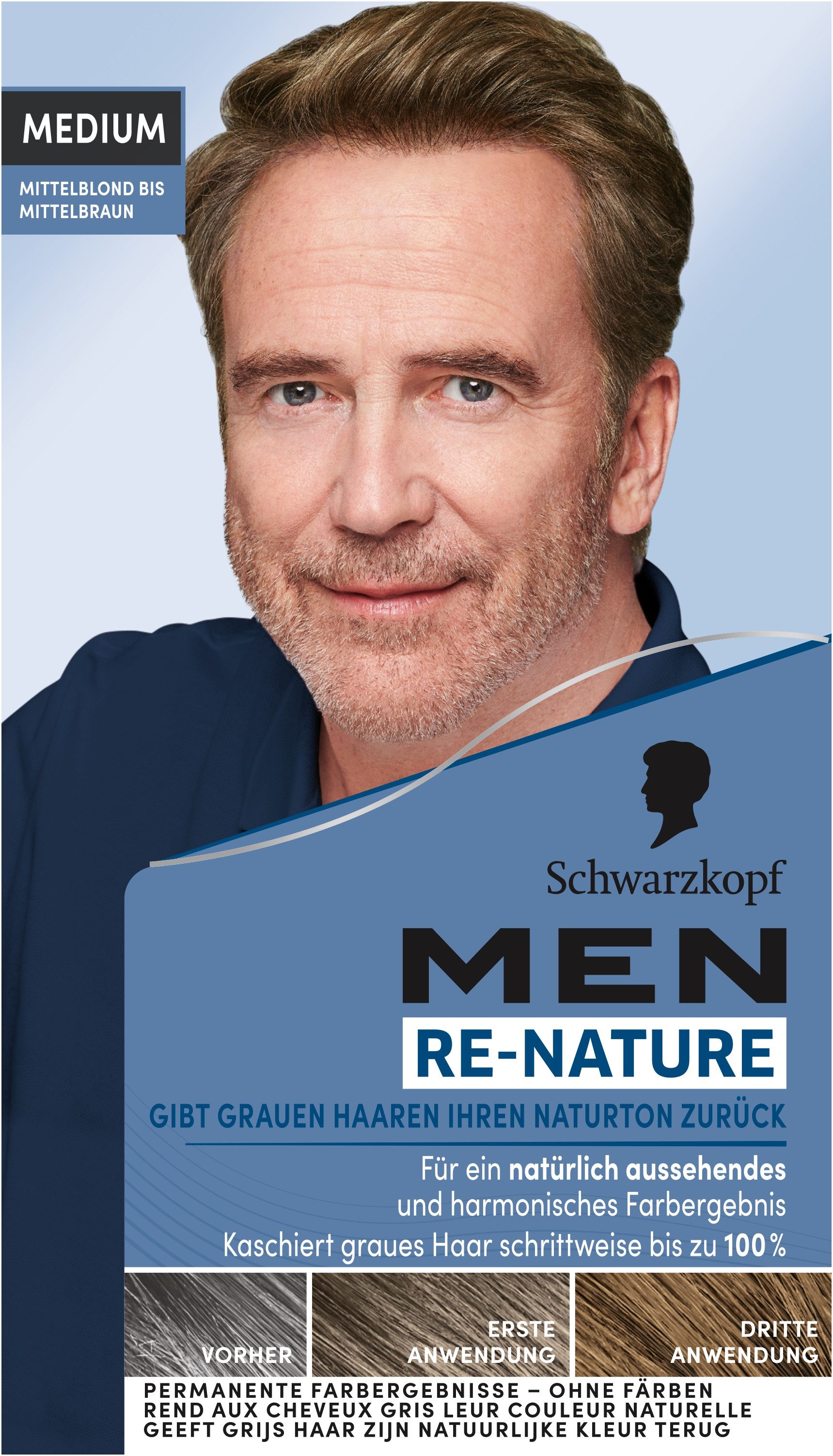Schwarzkopf Haarfarbe MEN RE-NATURE Naturton Medium Mittelblond bis Mittelbraun 6 x 145ml, Vorrats-Set, 6-tlg., Stellt ohne Haare färben die Naturhaarfarbe wieder her