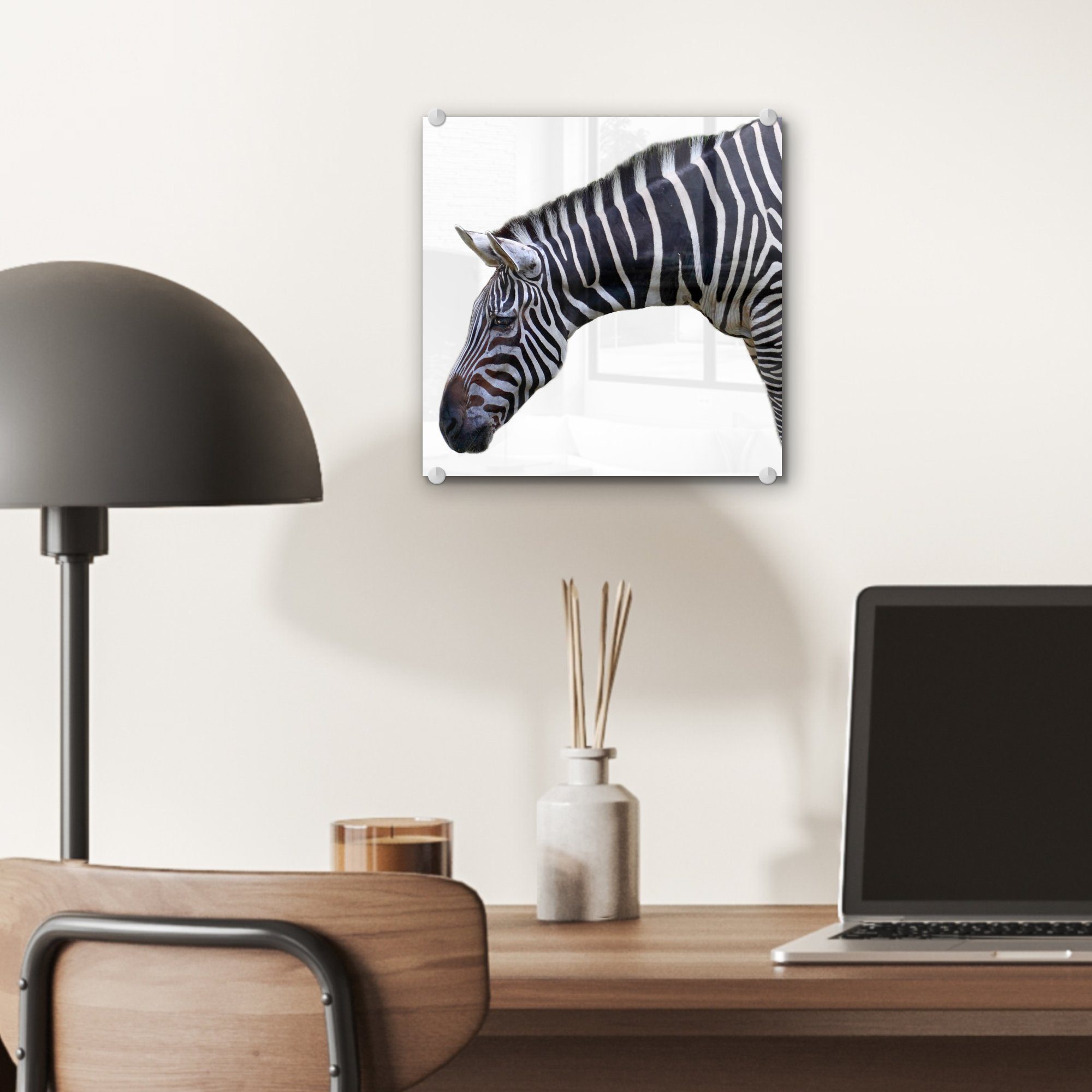 eines auf MuchoWow Wandbild und St), - (1 Acrylglasbild Bilder Foto Glas auf Hals Wanddekoration weißem Hintergrund, - Glasbilder Zebras Glas Kopf auf -