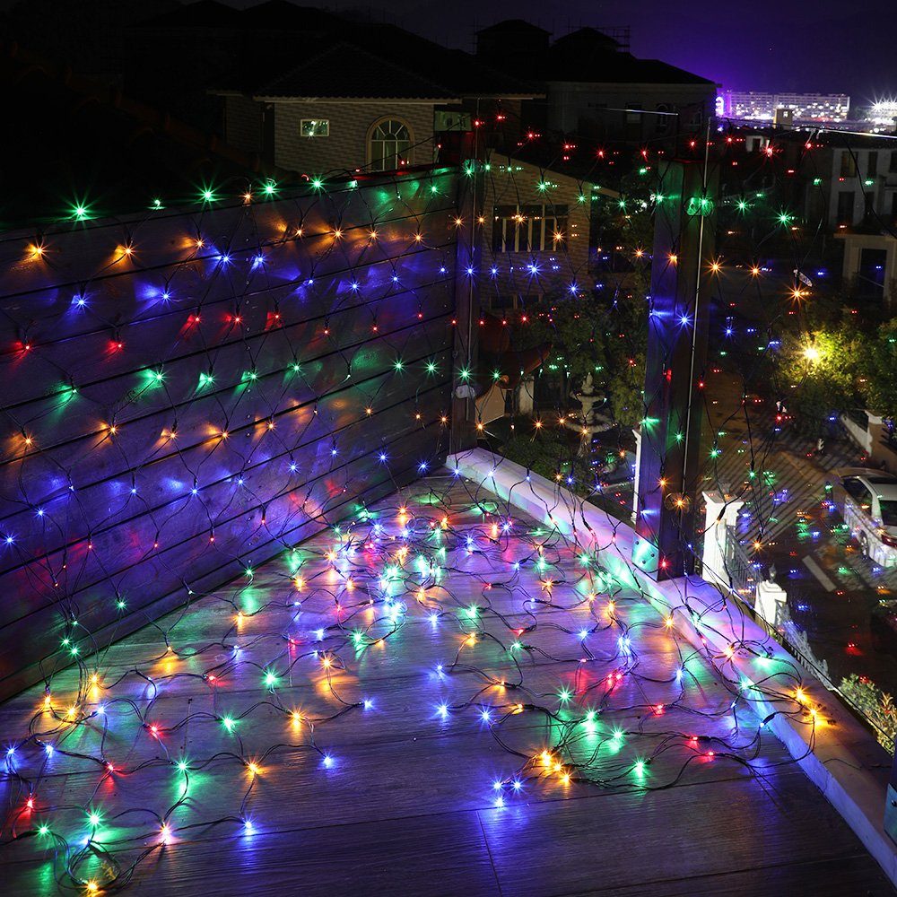 Rosnek LED-Lichternetz Solar Wasserdichte Mesh Bunt deko, 8 Weihnachten Modi mit Garten Außen Inner für 1.5*1.5M/3*2M, Solar Lichternetz Lichterkette Party