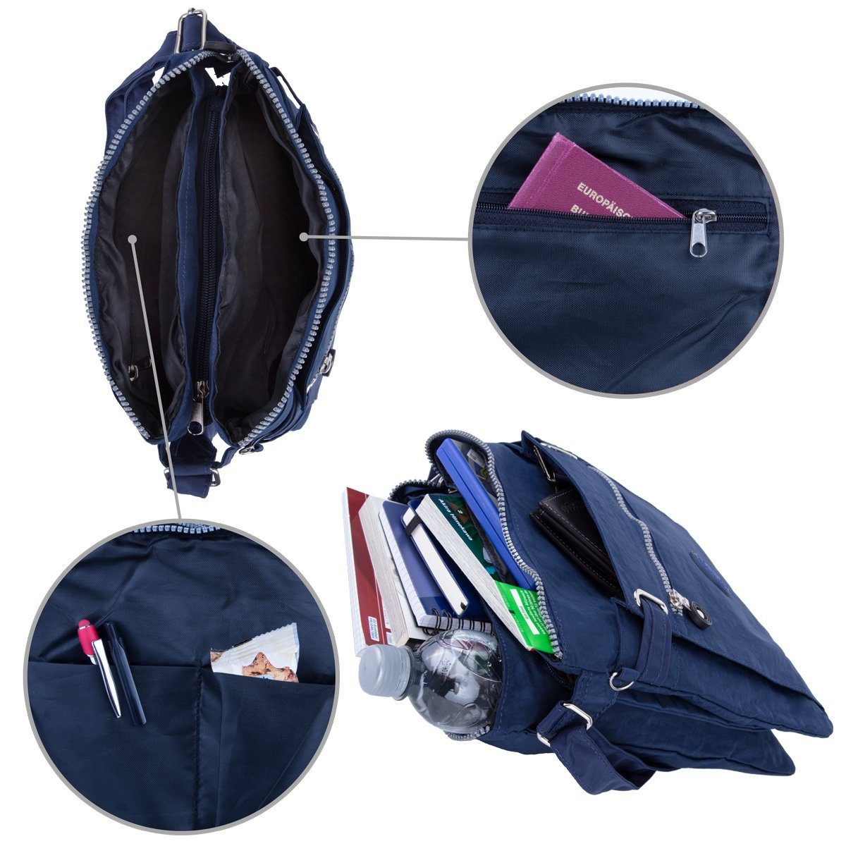 Stauraum 3-Fächer Henkeltasche, Bag mit Kuriertasche Sportive viel Reise compagno Urlaub blau City-Tasche Umhänge-Tasche